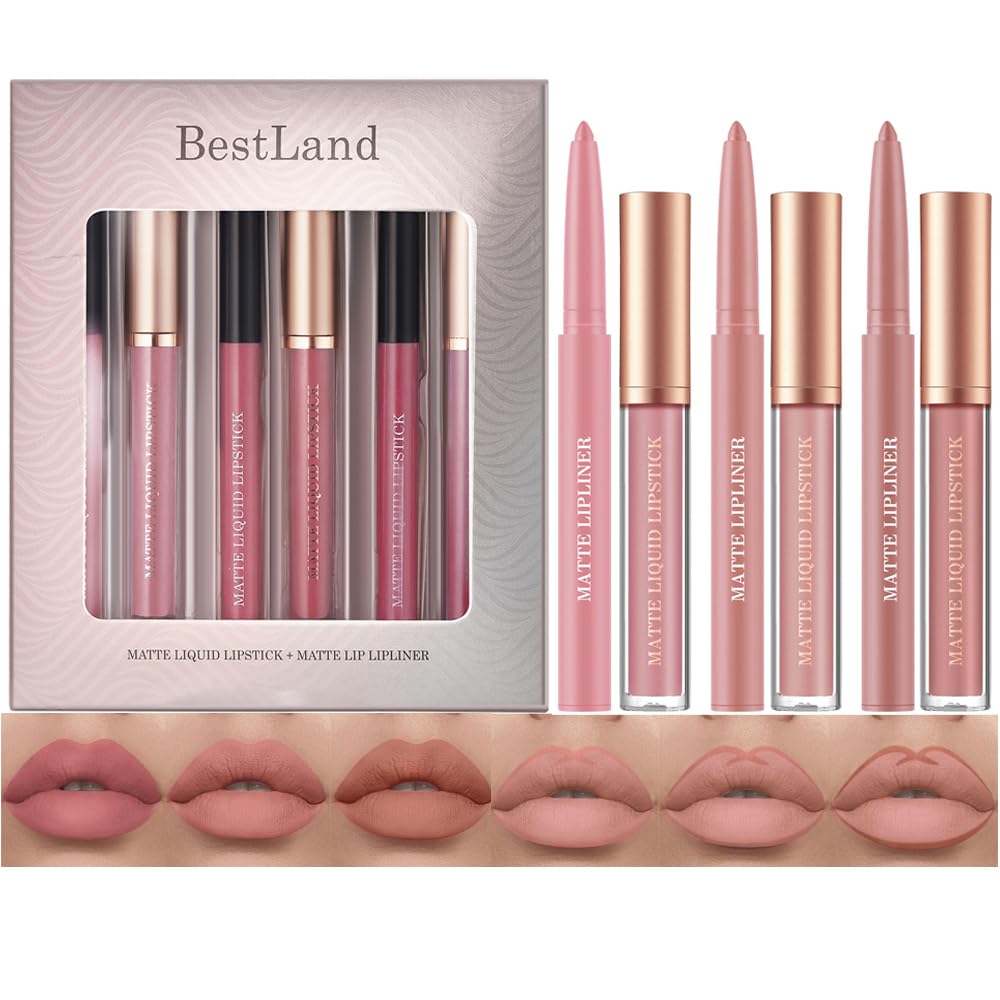 BestLand 12Pcs Matte Liquid Lipstick + Lip Liner Pens Set, Velvety Nude Lip Stain Waterproof Long Wear Makeup Gift Set