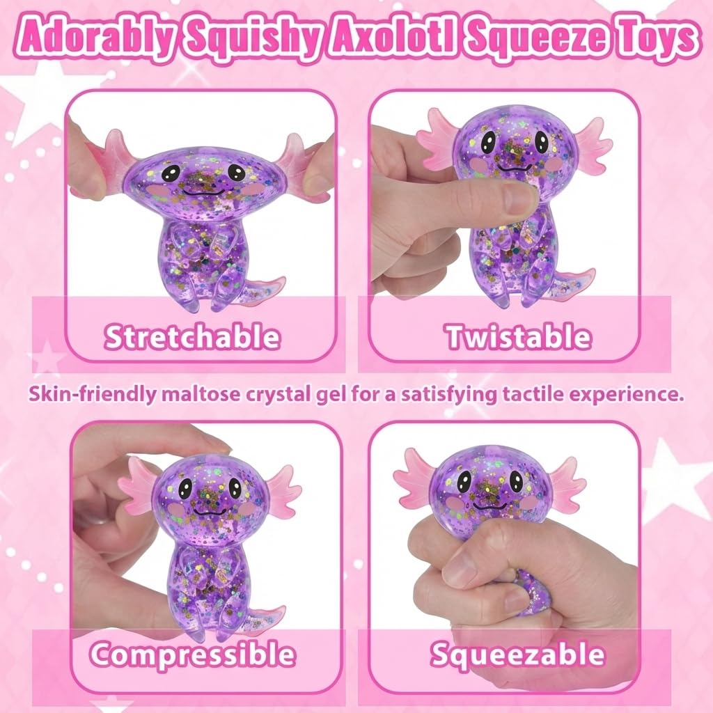 Axolotl - Juguete blando para aliviar el estrés – Lindo juguete para apretar con purpurina para niños y adultos, juguete sensorial para aliviar la ansiedad, recuerdo de fiesta de escritorio | Soft TPR, Floating Glitter, squeeze toy, busy hands, stress rel