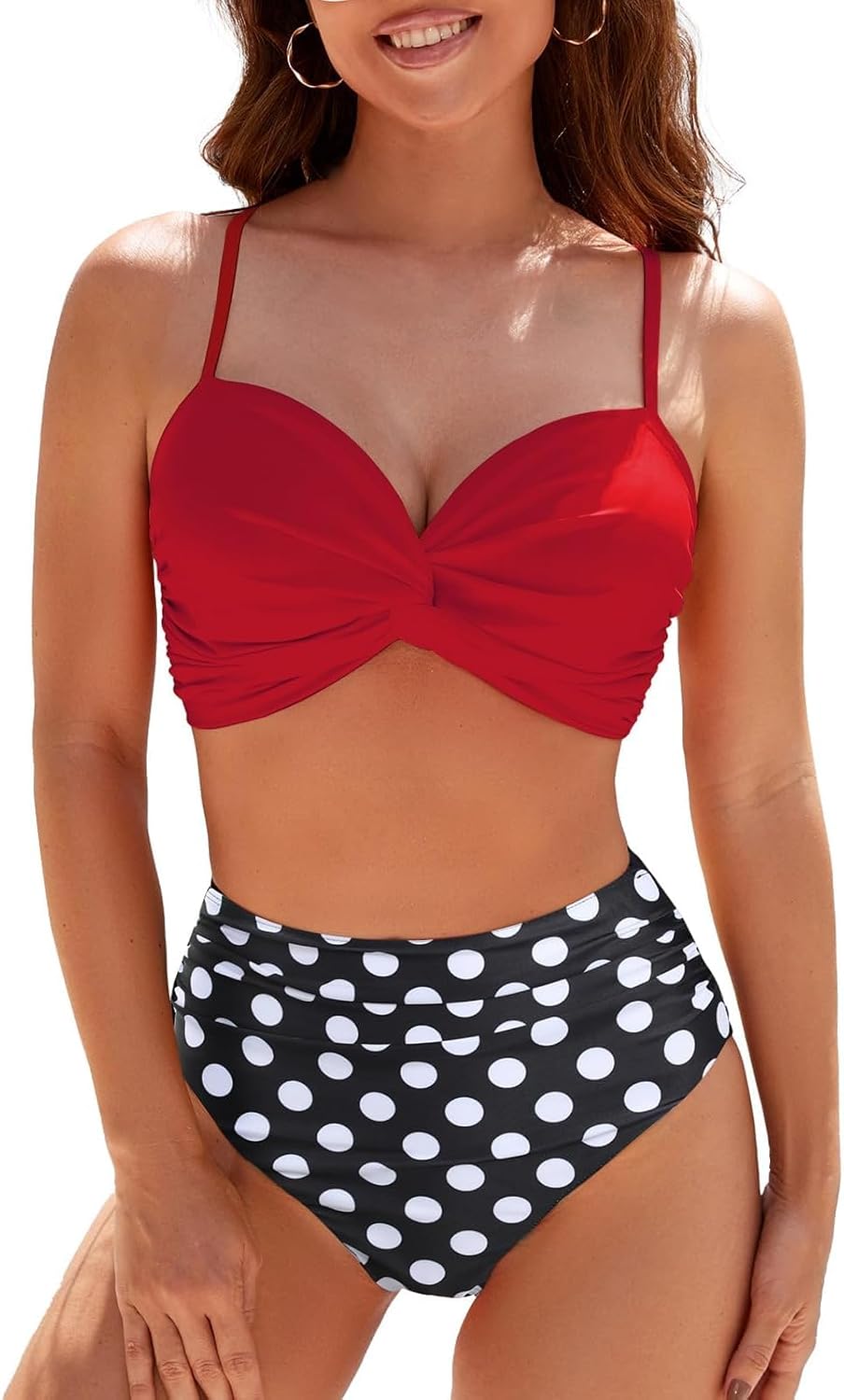 Conjunto de bikini de dos piezas para mujer, traje de baño con control de abdomen, cintura alta, cuello en V, ropa de playa, correas frontales torcidas