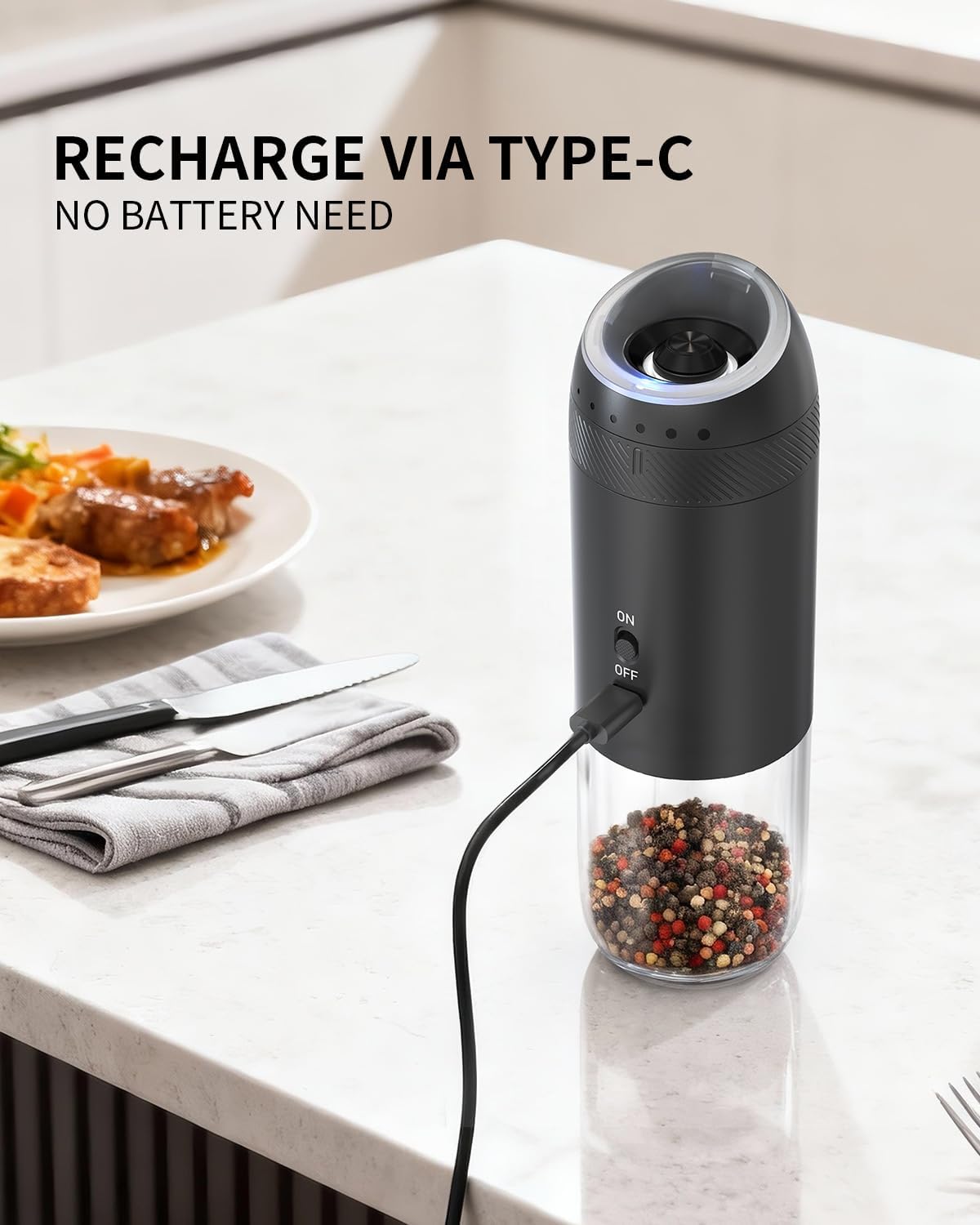 CIRCLE JOY Gravity - Juego de molinillo eléctrico de sal y pimienta con luz LED, funciona con pilas, grosor ajustable, gran capacidad, para el hogar, cocina, barbacoa