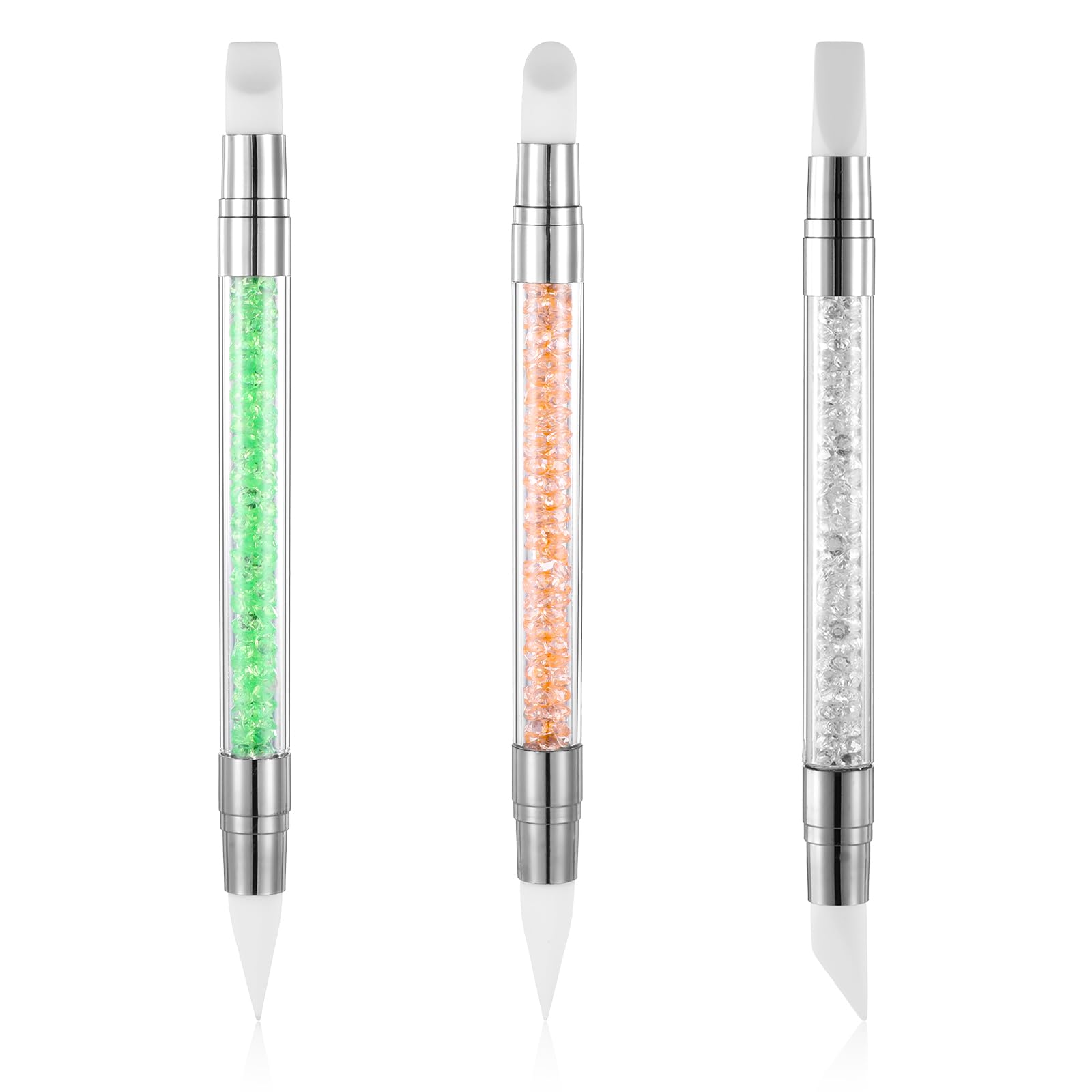 3 bolígrafos de escultura para arte de uñas, herramientas de uñas de silicona de doble punta, cabeza de silicona, pinceles de arte de uñas con mango acrílico, bolígrafo de tallado de esmalte de uñas | Silicone Head Acrylic Handle Nail Art Brushes, Rhinest