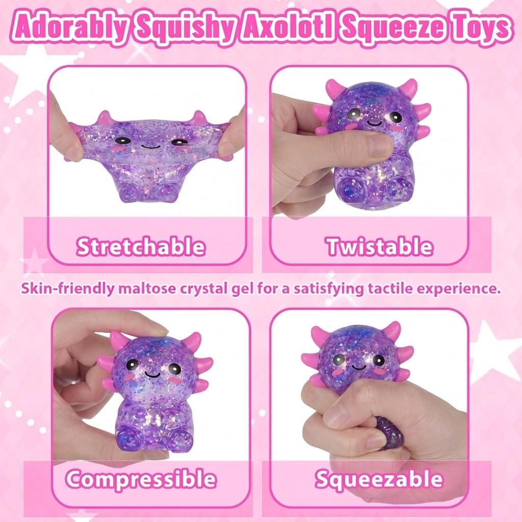 Axolotl - Juguete blando para aliviar el estrés – Lindo juguete para apretar con purpurina para niños y adultos, juguete sensorial para aliviar la ansiedad, recuerdo de fiesta de escritorio | Soft TPR, Floating Glitter, squeeze toy, busy hands, stress rel