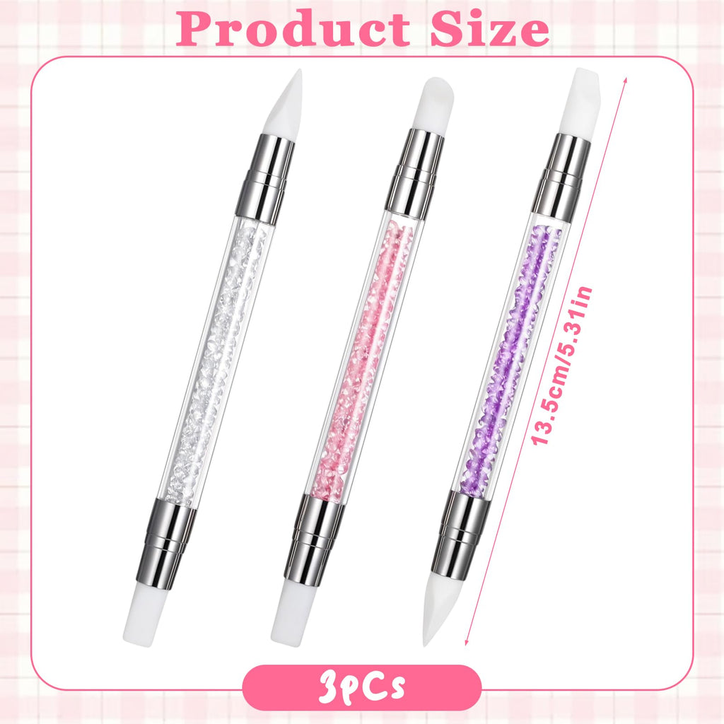 3 bolígrafos de escultura para arte de uñas, herramientas de uñas de silicona de doble punta, cabeza de silicona, pinceles de arte de uñas con mango acrílico, bolígrafo de tallado de esmalte de uñas | Silicone Head Acrylic Handle Nail Art Brushes, Rhinest