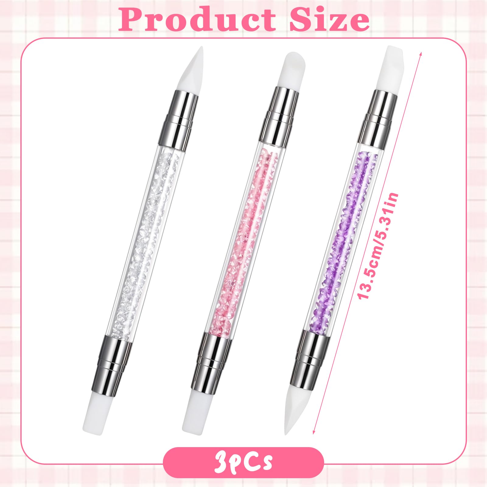3 bolígrafos de escultura para arte de uñas, herramientas de uñas de silicona de doble punta, cabeza de silicona, pinceles de arte de uñas con mango acrílico, bolígrafo de tallado de esmalte de uñas | Silicone Head Acrylic Handle Nail Art Brushes, Rhinest