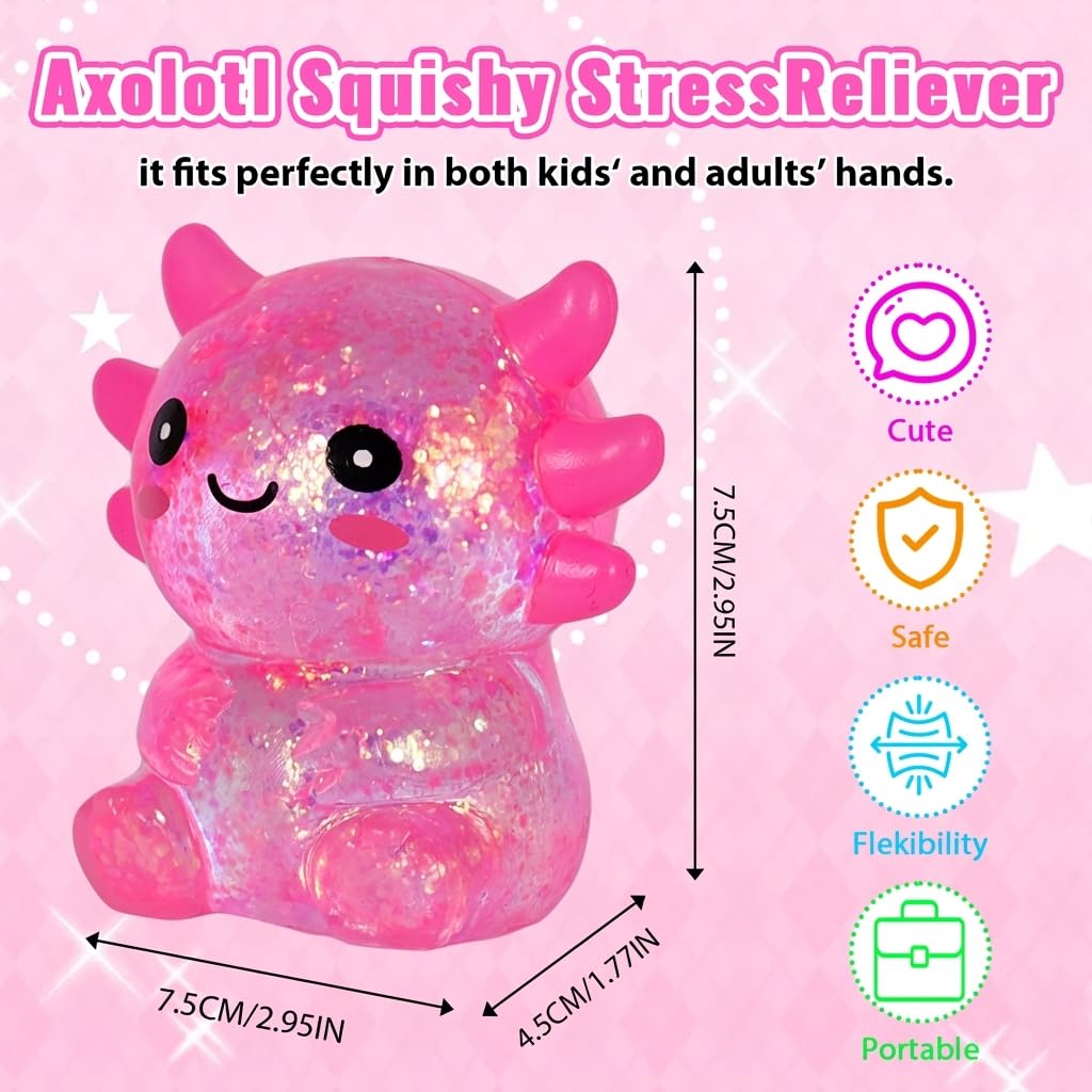 Axolotl - Juguete blando para aliviar el estrés – Lindo juguete para apretar con purpurina para niños y adultos, juguete sensorial para aliviar la ansiedad, recuerdo de fiesta de escritorio | Soft TPR, Floating Glitter, squeeze toy, busy hands, stress rel