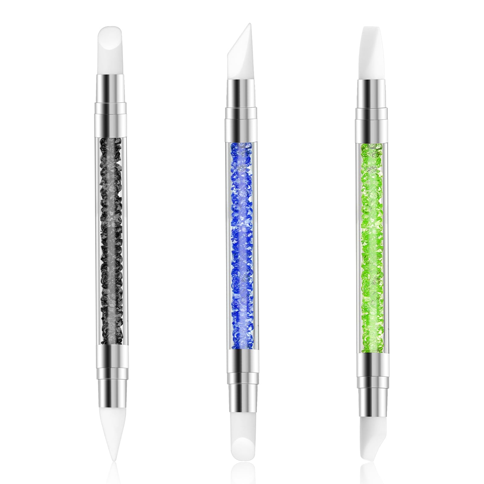 3 bolígrafos de escultura para arte de uñas, herramientas de uñas de silicona de doble punta, cabeza de silicona, pinceles de arte de uñas con mango acrílico, bolígrafo de tallado de esmalte de uñas | Silicone Head Acrylic Handle Nail Art Brushes, Rhinest
