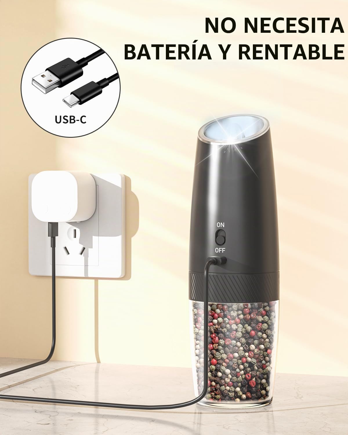 CIRCLE JOY Gravity - Juego de molinillo eléctrico de sal y pimienta con luz LED, funciona con pilas, grosor ajustable, gran capacidad, para el hogar, cocina, barbacoa