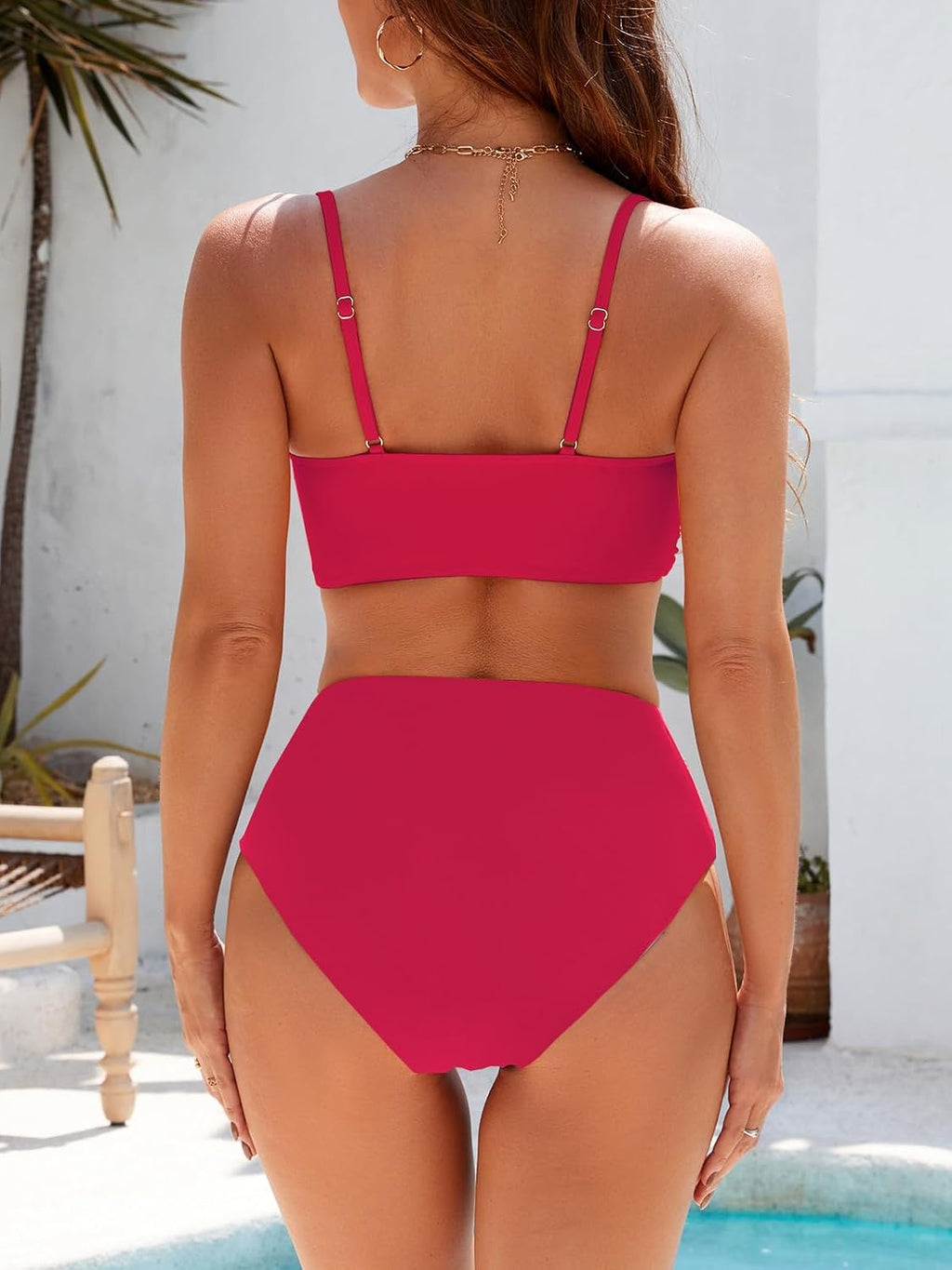 Conjunto de bikini de dos piezas para mujer, traje de baño con control de abdomen, cintura alta, cuello en V, ropa de playa, correas frontales torcidas