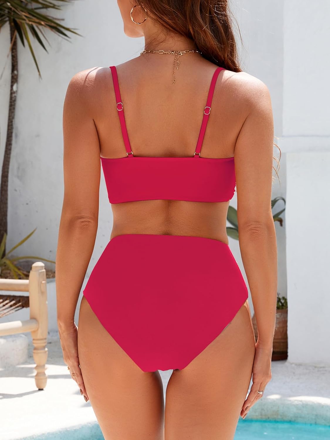 Conjunto de bikini de dos piezas para mujer, traje de baño con control de abdomen, cintura alta, cuello en V, ropa de playa, correas frontales torcidas