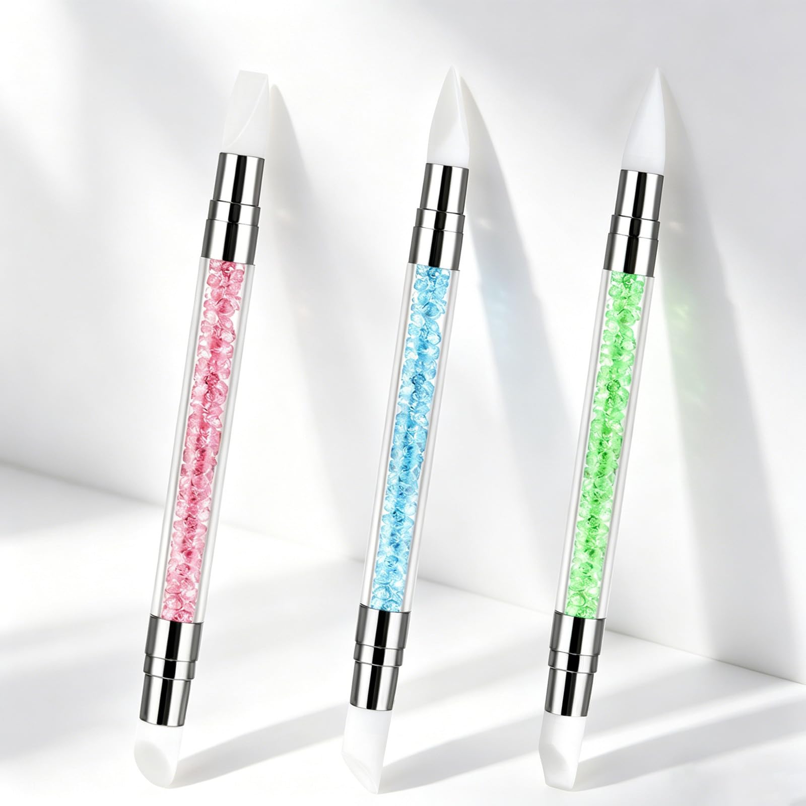3 bolígrafos de escultura para arte de uñas, herramientas de uñas de silicona de doble punta, cabeza de silicona, pinceles de arte de uñas con mango acrílico, bolígrafo de tallado de esmalte de uñas | Silicone Head Acrylic Handle Nail Art Brushes, Rhinest