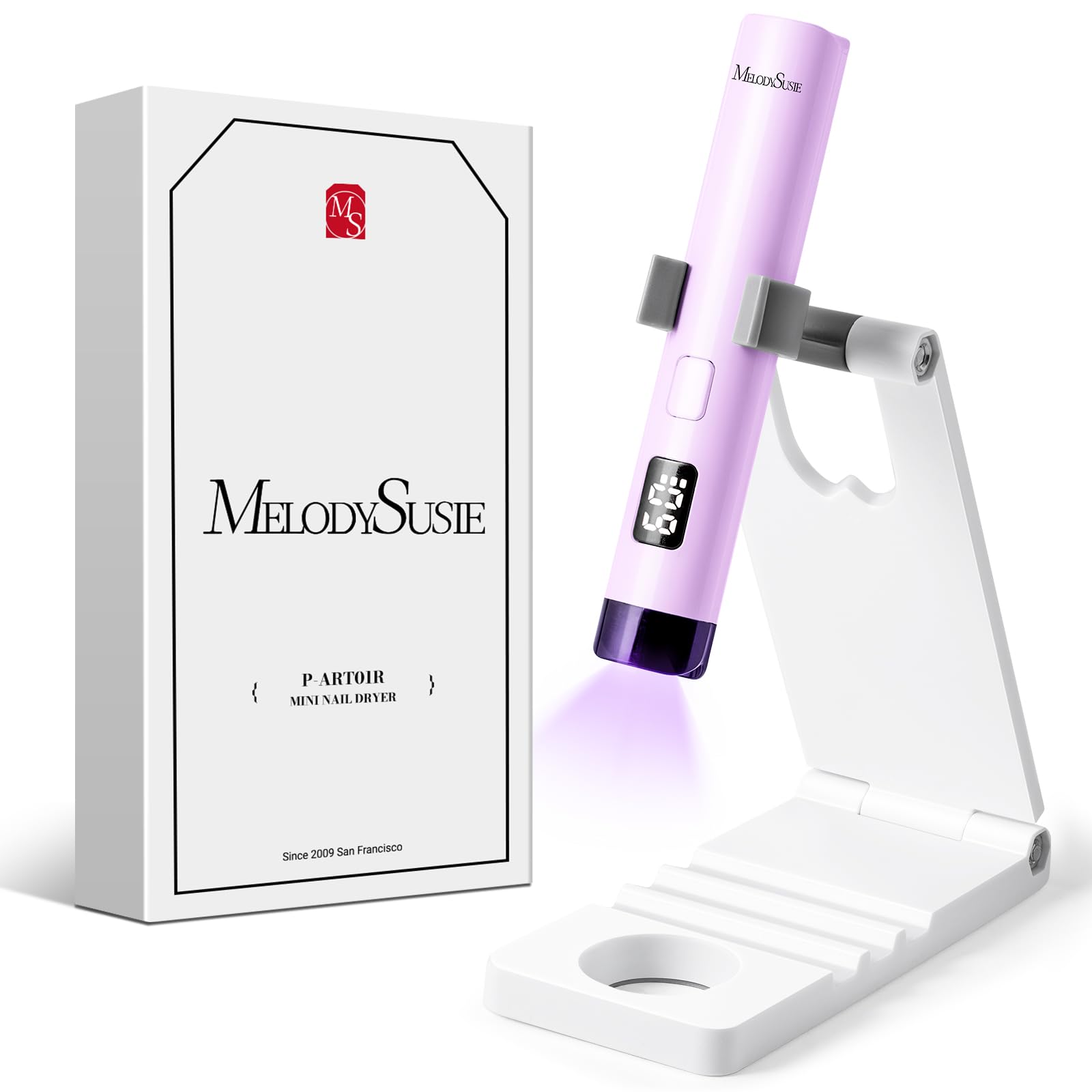 MelodySusie Luz UV de mano para uñas de gel con soporte, mini lámpara de uñas inalámbrica portátil con pantalla LCD, cubierta protectora de ojos, curado flash para pegamento, color blanco | Mini Portable Cordless Nail Lamp with LCD Display, Eye-Protective