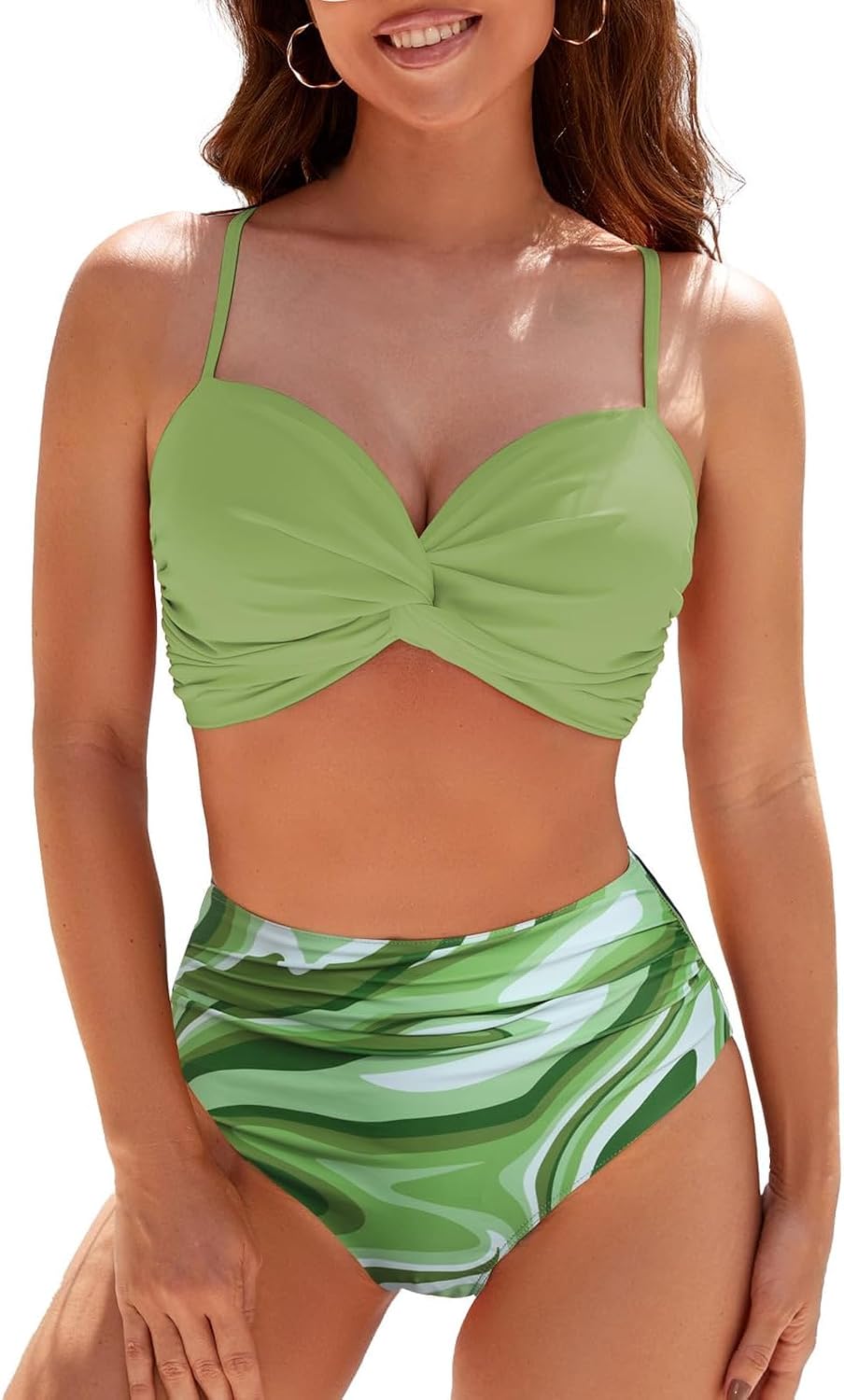Conjunto de bikini de dos piezas para mujer, traje de baño con control de abdomen, cintura alta, cuello en V, ropa de playa, correas frontales torcidas