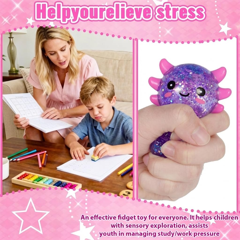 Axolotl - Juguete blando para aliviar el estrés – Lindo juguete para apretar con purpurina para niños y adultos, juguete sensorial para aliviar la ansiedad, recuerdo de fiesta de escritorio | Soft TPR, Floating Glitter, squeeze toy, busy hands, stress rel