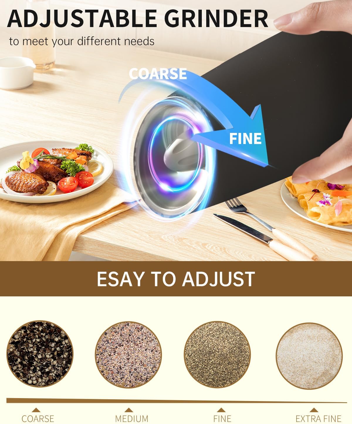 CIRCLE JOY Gravity - Juego de molinillo eléctrico de sal y pimienta con luz LED, funciona con pilas, grosor ajustable, gran capacidad, para el hogar, cocina, barbacoa