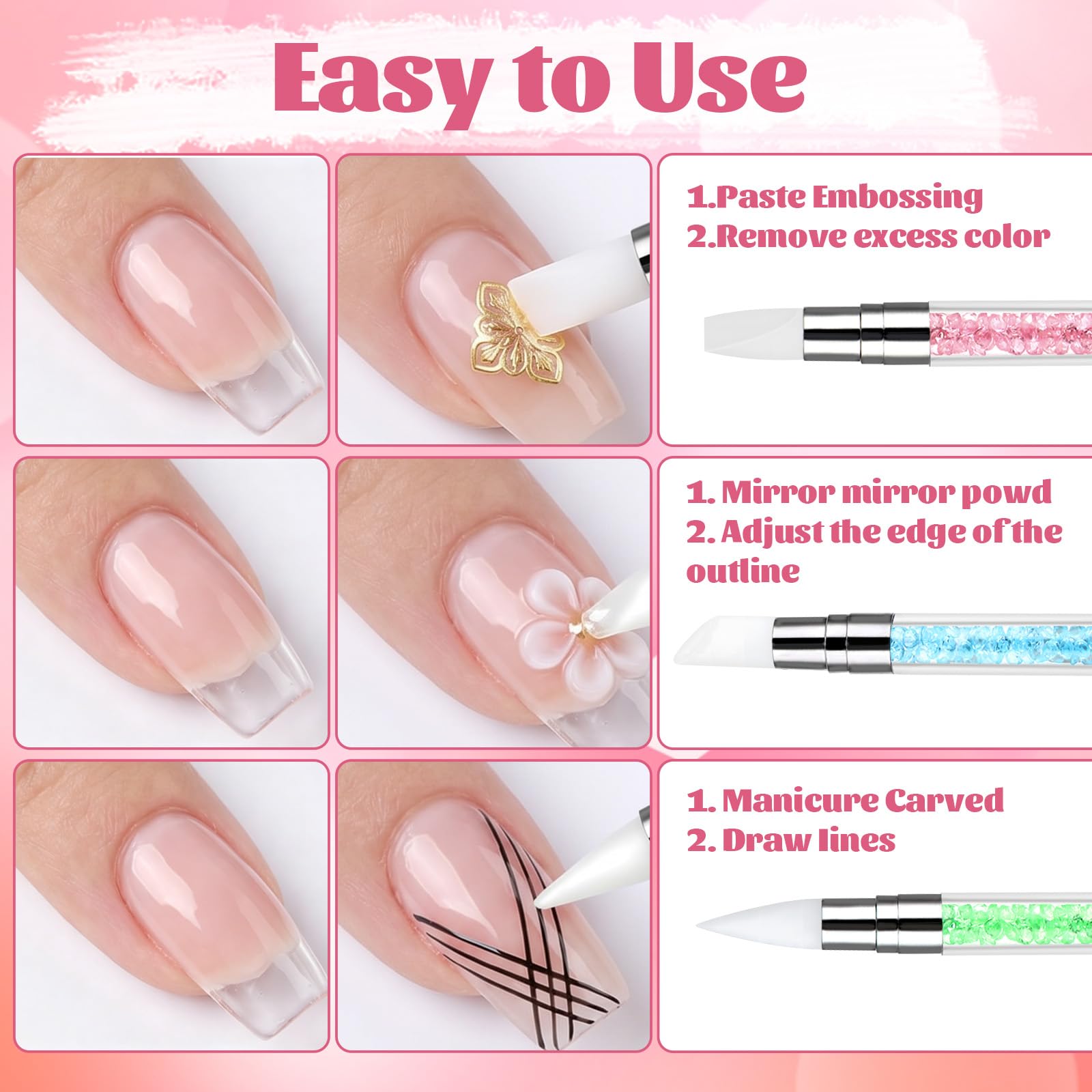 3 bolígrafos de escultura para arte de uñas, herramientas de uñas de silicona de doble punta, cabeza de silicona, pinceles de arte de uñas con mango acrílico, bolígrafo de tallado de esmalte de uñas | Silicone Head Acrylic Handle Nail Art Brushes, Rhinest