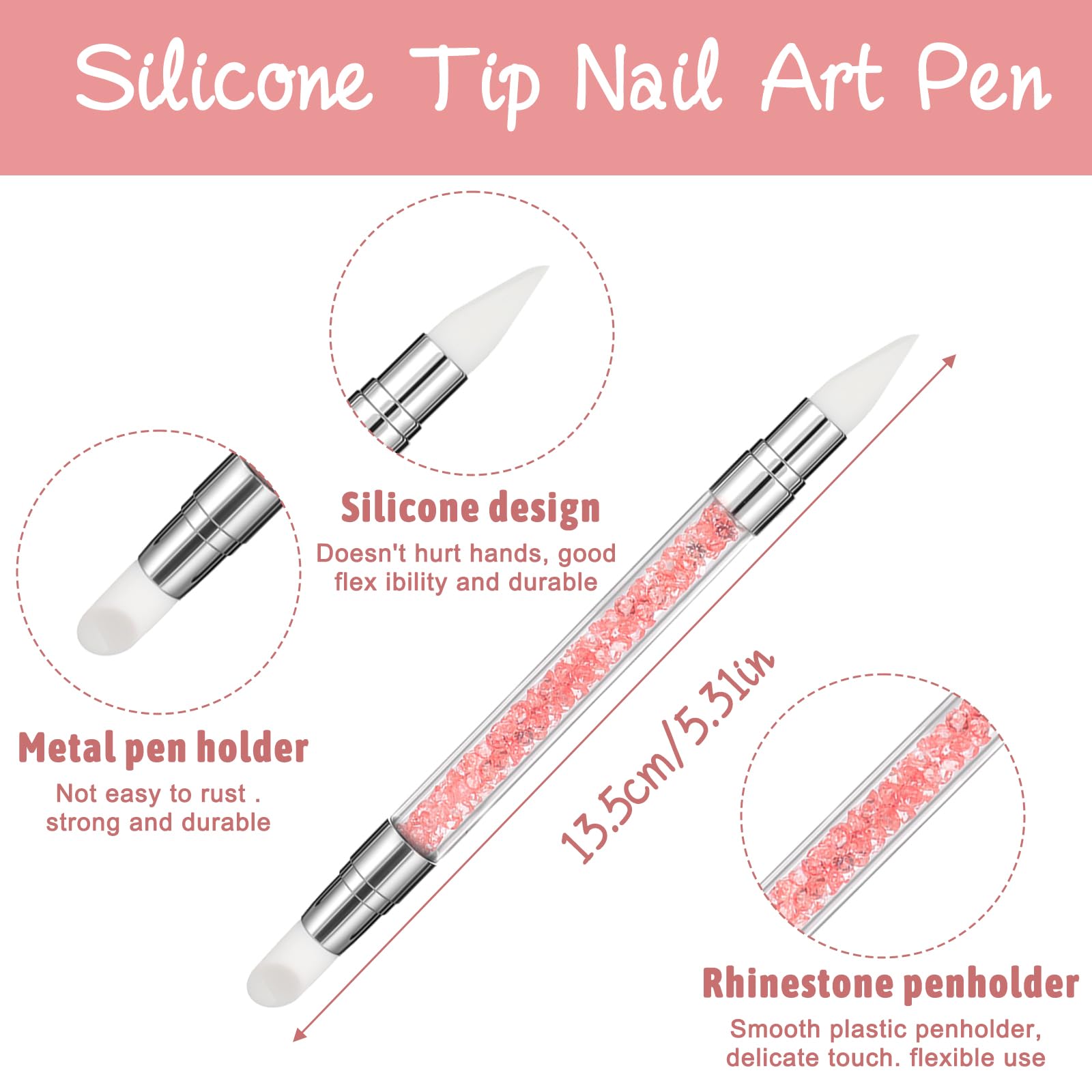 3 bolígrafos de escultura para arte de uñas, herramientas de uñas de silicona de doble punta, cabeza de silicona, pinceles de arte de uñas con mango acrílico, bolígrafo de tallado de esmalte de uñas | Silicone Head Acrylic Handle Nail Art Brushes, Rhinest