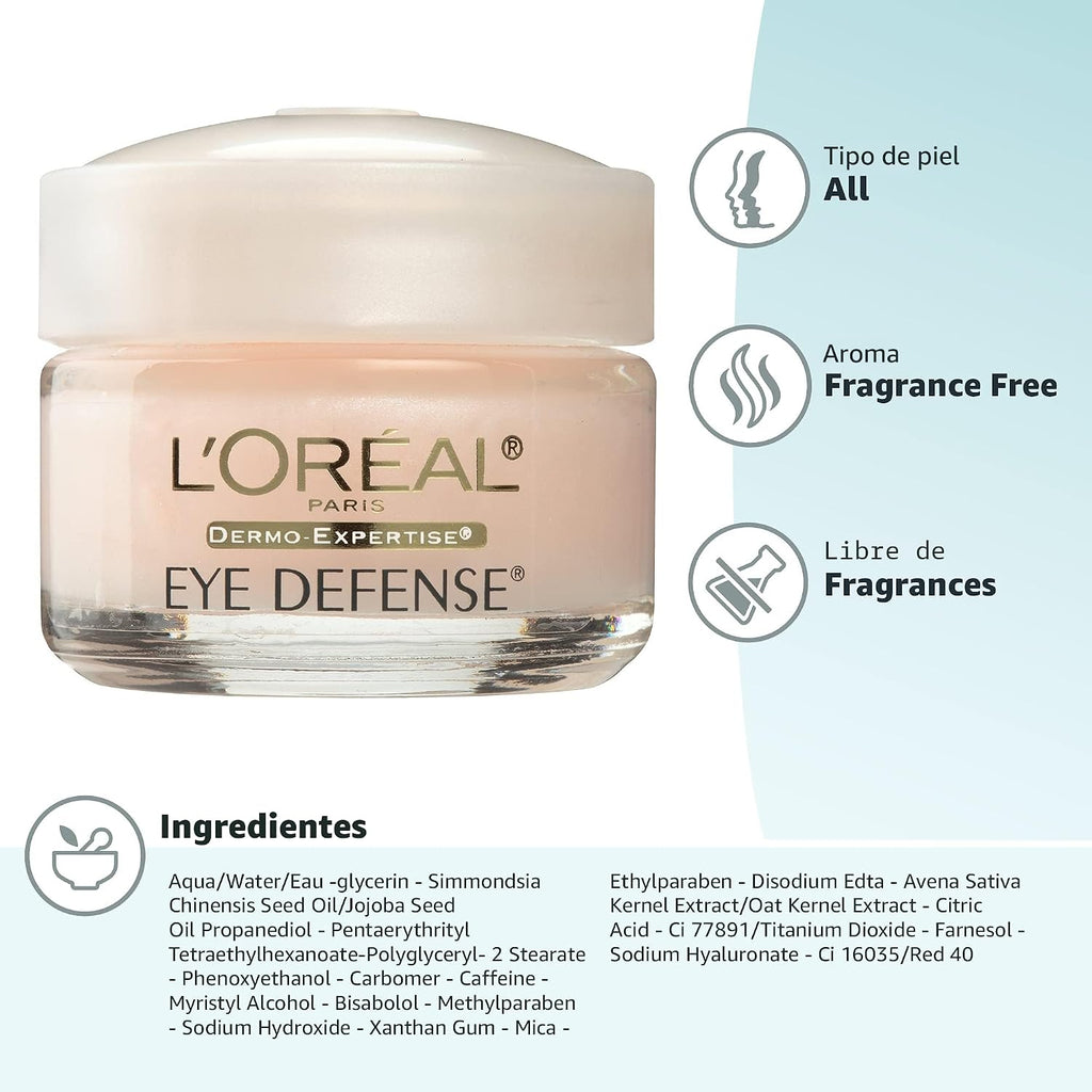 L'Oréal Paris Dermo-Expertise Eye Defense Crema para Ojos con Cafeína y Ácido Hialurónico 0.5 onzas
