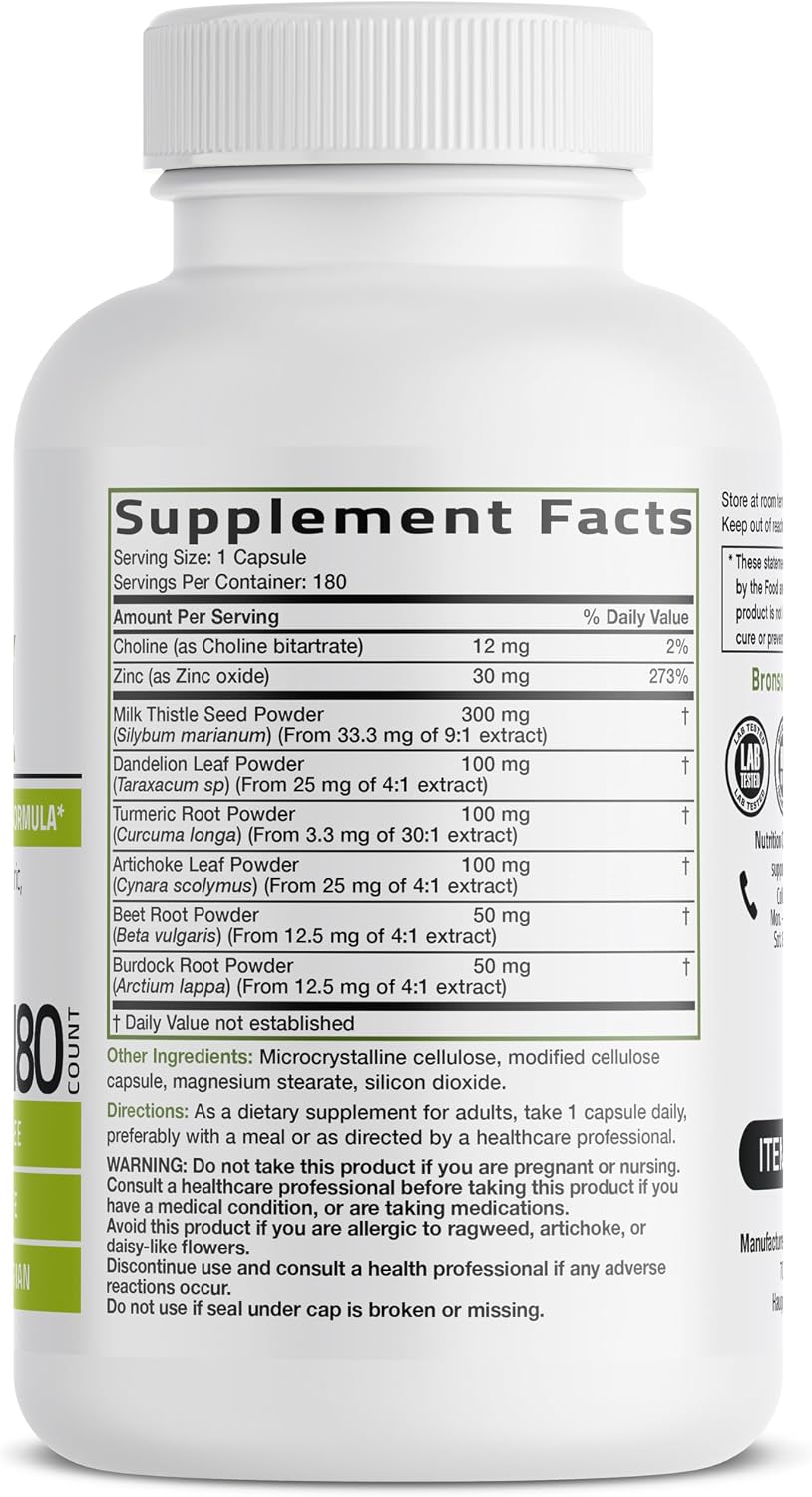 Bronson Desintoxicación Hepática Avanzada Fórmula de Limpieza y Descanso Apoya la Función Saludable del Hígado con Cardo Mariano, Raíz de Diente de León, Cúrcuma, Hoja de Alcachofa y Más, Sin GMO, 60 | Liver Health Support with Milk Thistle, Dandelion Ext