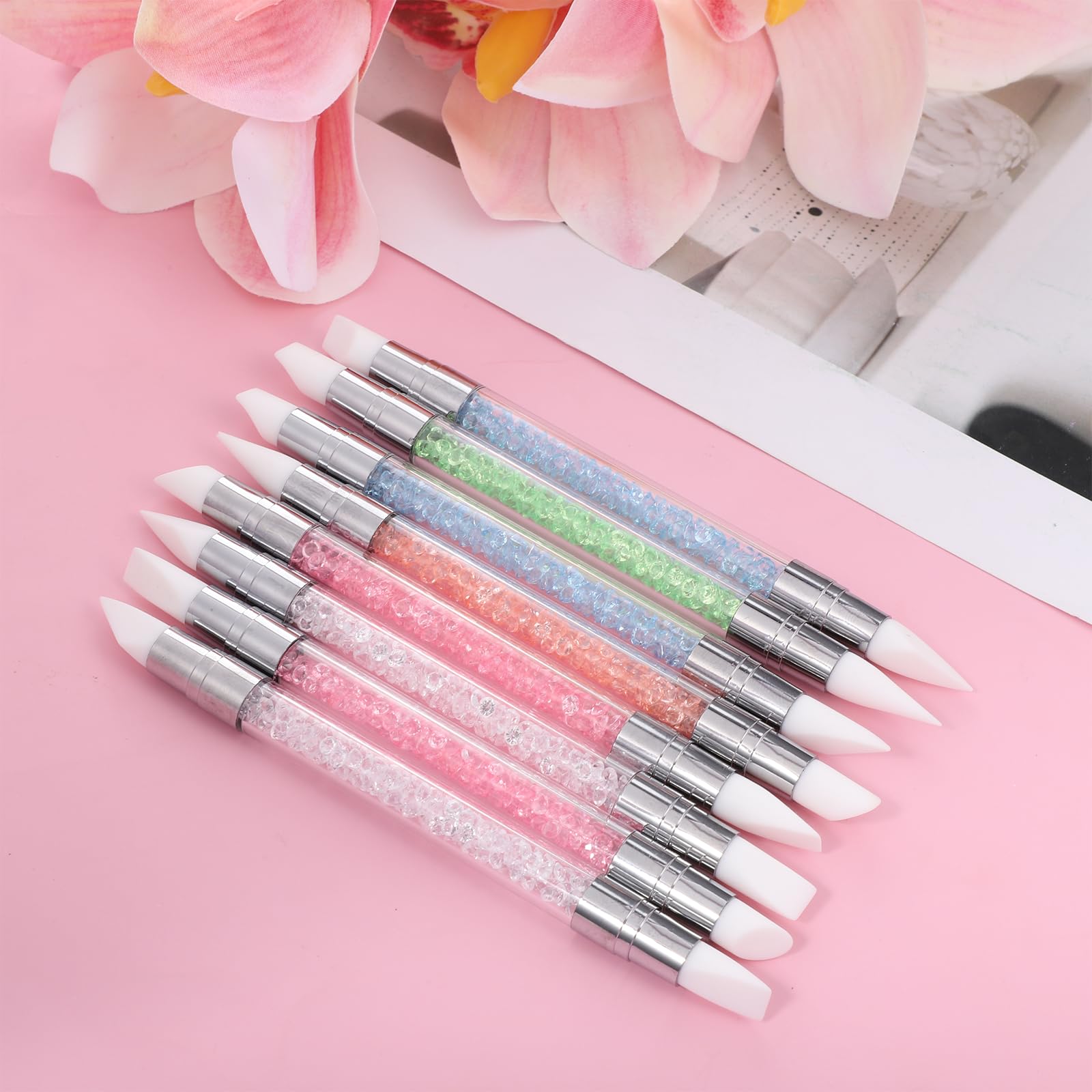 3 bolígrafos de escultura para arte de uñas, herramientas de uñas de silicona de doble punta, cabeza de silicona, pinceles de arte de uñas con mango acrílico, bolígrafo de tallado de esmalte de uñas | Silicone Head Acrylic Handle Nail Art Brushes, Rhinest