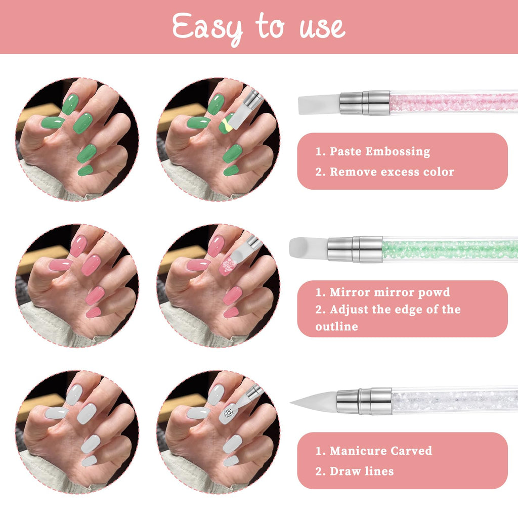 3 bolígrafos de escultura para arte de uñas, herramientas de uñas de silicona de doble punta, cabeza de silicona, pinceles de arte de uñas con mango acrílico, bolígrafo de tallado de esmalte de uñas | Silicone Head Acrylic Handle Nail Art Brushes, Rhinest
