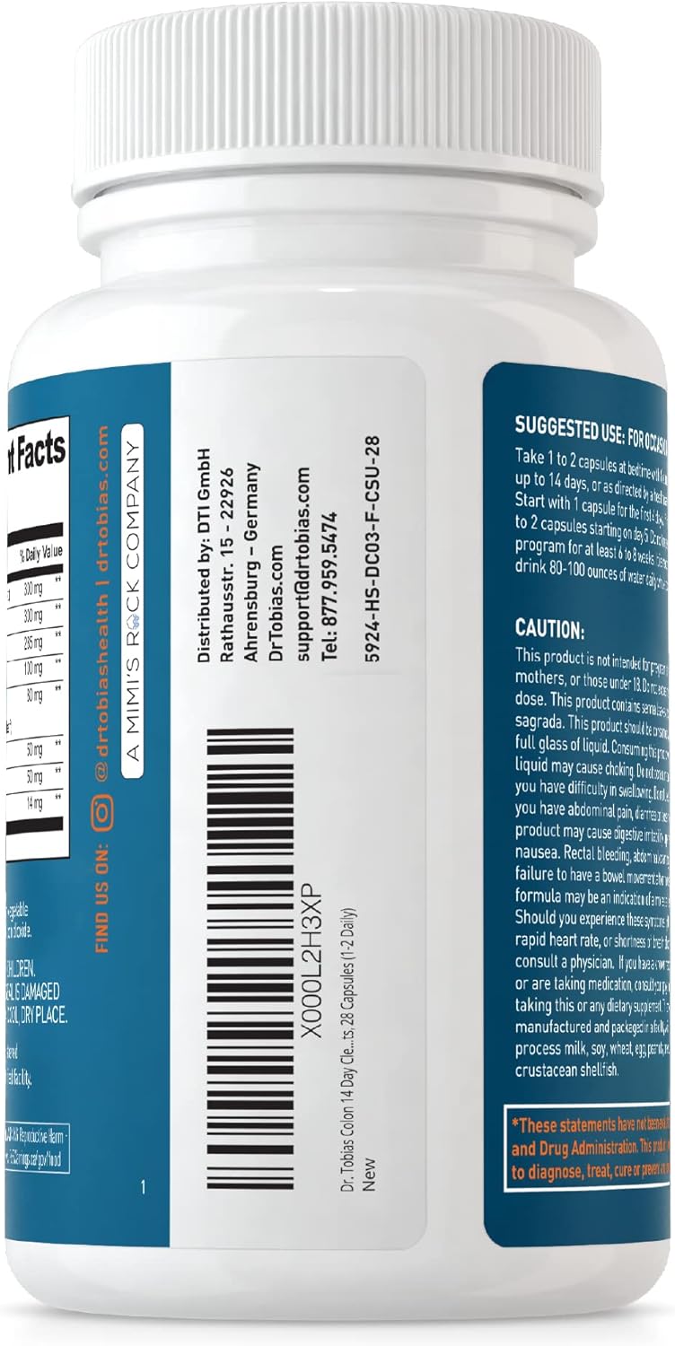 Dr. Tobias Colon 14 Day Cleanse, apoya movimientos intestinales saludables, desintoxicación de limpieza de colon, fórmula de limpieza avanzada con fibra, hierbas y probióticos, sin OMG, 28 cápsulas (1-2 diarios) | Colon Cleanse Detox | Constipation Relief