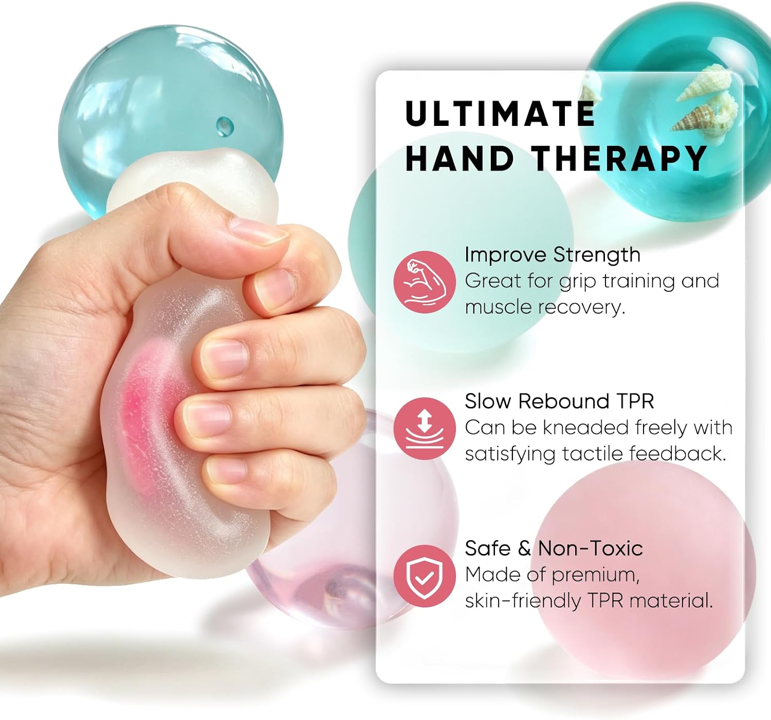 6 Pack Coconut Oil Squishy Stress Balls, ASMR Squishy Toys | Slow Rising Squishy, Maltose Syrup Gel, TPR, Anxiety Relief, Glossy Clear, Velvet Frosted, Strawberry & Sea Shells