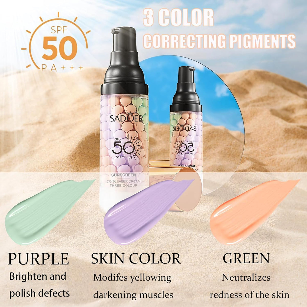 Imprimación 3 en 1 para la cara antes del maquillaje, crema aislante de protección solar, SPF 50, corrector de color en un solo paso, difumina imperfecciones control de aceite y corrección de tono de | One Step Color Corrector Face Primer,Blurs Imperfecti