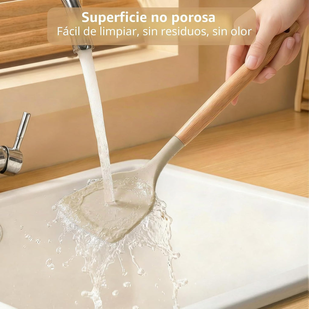 Juego de utensilios de cocina de silicona 33 piezas, grado alimenticio resistente al calor | Juego de utensilios de cocina de silicona antiadherentes sin BPA, con soporte, mango de madera de tacto frío (caqui)