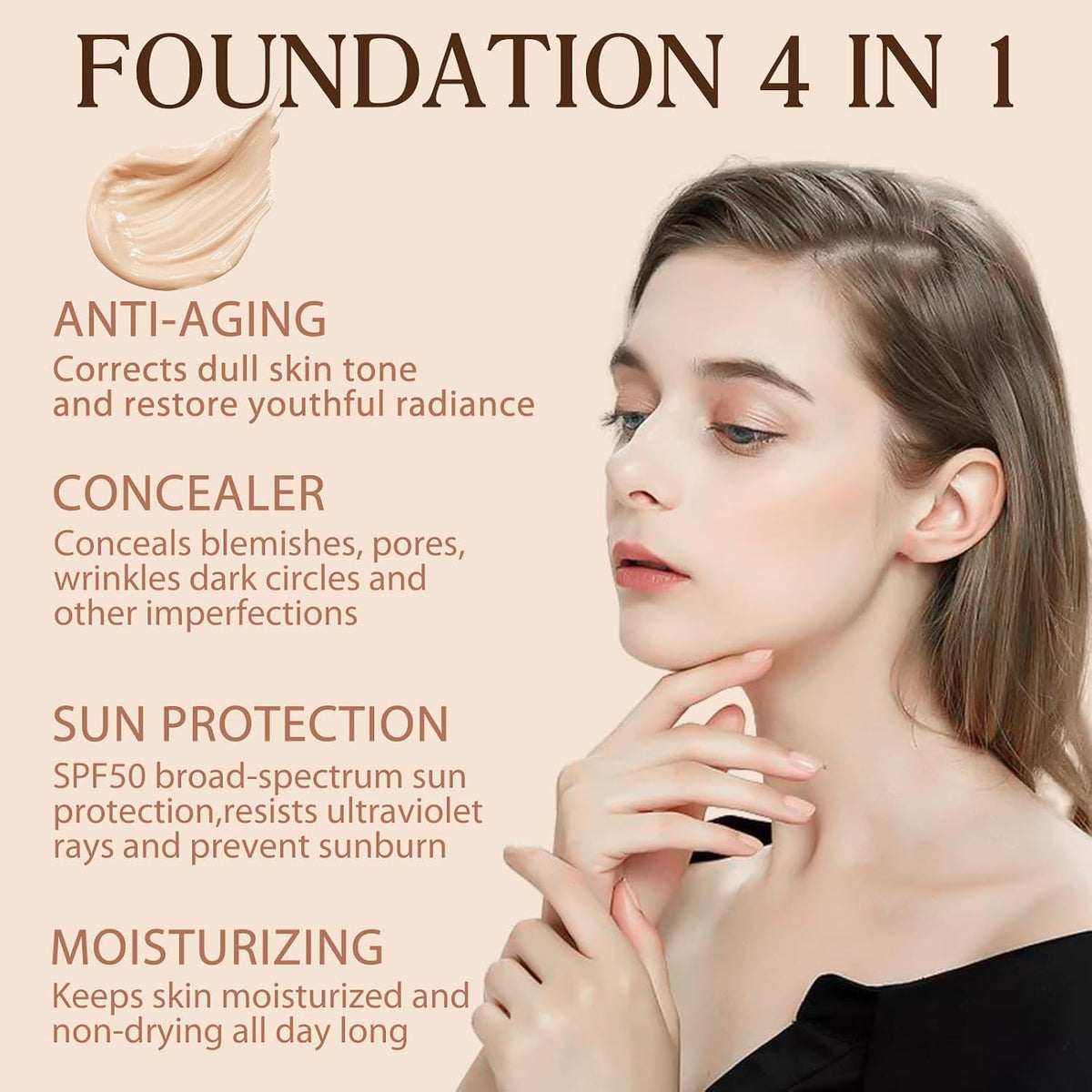 Base de maquillaje 4 en 1 que cambia de color con suero protector solar SPF 50, espectro ligero, duradero, impermeable e hidratante profundo para todo tipo de piel