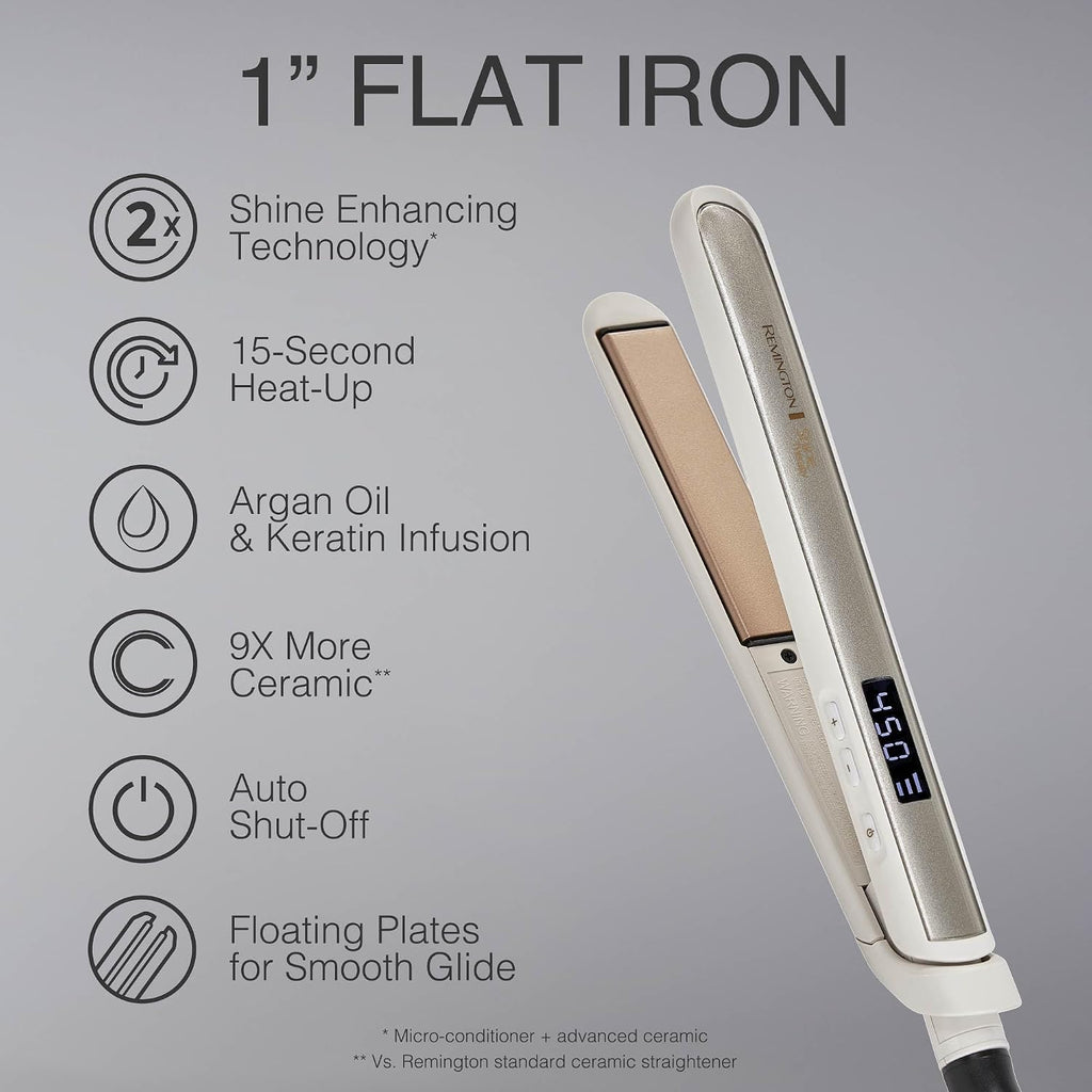 Remington Shine Therapy - Alisadora de cabello de 2 pulgadas, plancha alisadora infundida con aceite de argán y queratina, plancha alisadora profesional de cerámica para menos frizz, herramientas de | Ceramic flat iron plates infused with Argan Oil and Ke