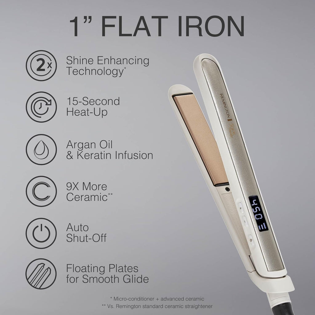 Remington Shine Therapy - Alisadora de cabello de 2 pulgadas, plancha alisadora infundida con aceite de argán y queratina, plancha alisadora profesional de cerámica para menos frizz, herramientas de | Ceramic flat iron plates infused with Argan Oil and Ke