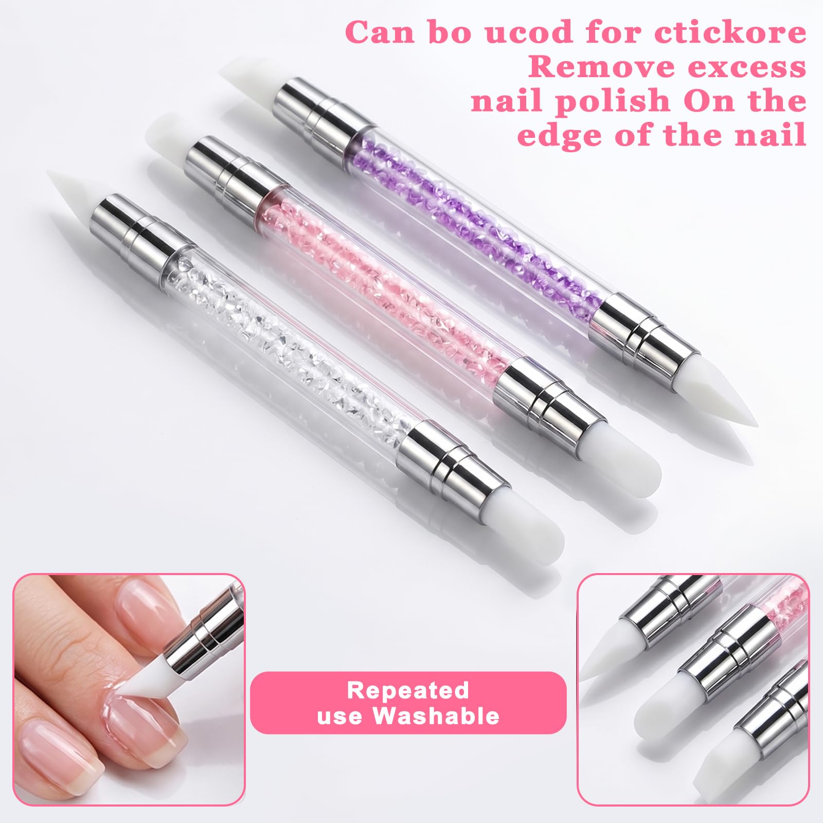 3 bolígrafos de escultura para arte de uñas, herramientas de uñas de silicona de doble punta, cabeza de silicona, pinceles de arte de uñas con mango acrílico, bolígrafo de tallado de esmalte de uñas | Silicone Head Acrylic Handle Nail Art Brushes, Rhinest