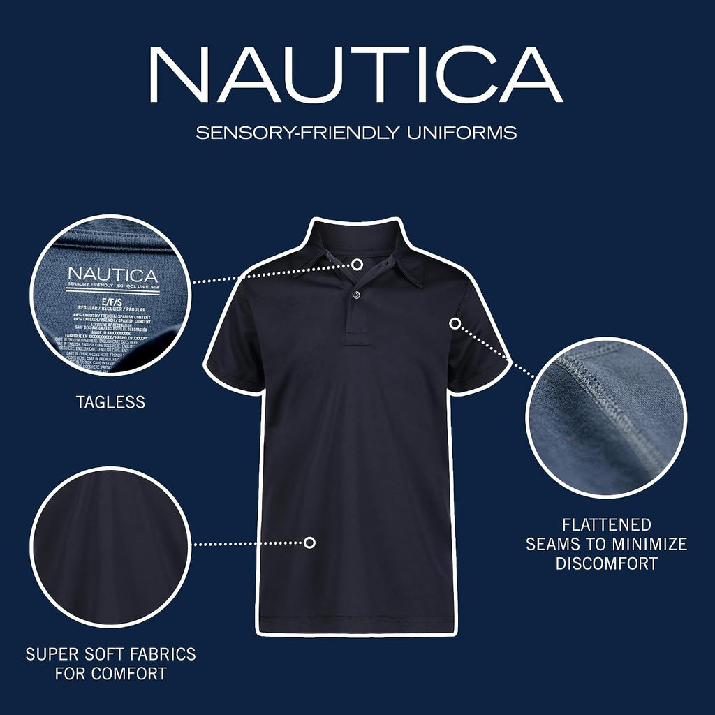 Nautica - Polo de uniforme escolar para niños, de manga corta, sensorial, cierre de botones, material de alto rendimiento que absorbe la humedad
