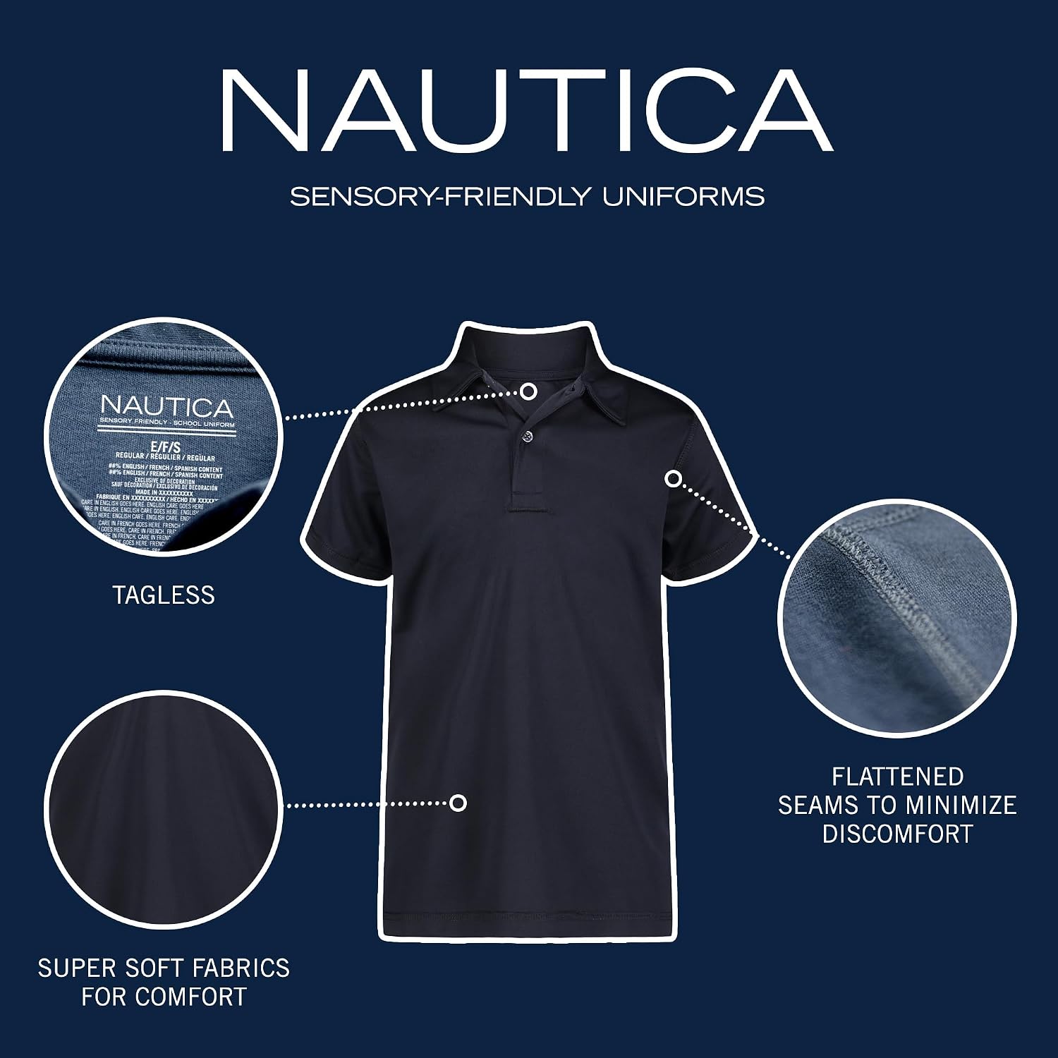 Nautica - Polo de uniforme escolar para niños, de manga corta, sensorial, cierre de botones, material de alto rendimiento que absorbe la humedad