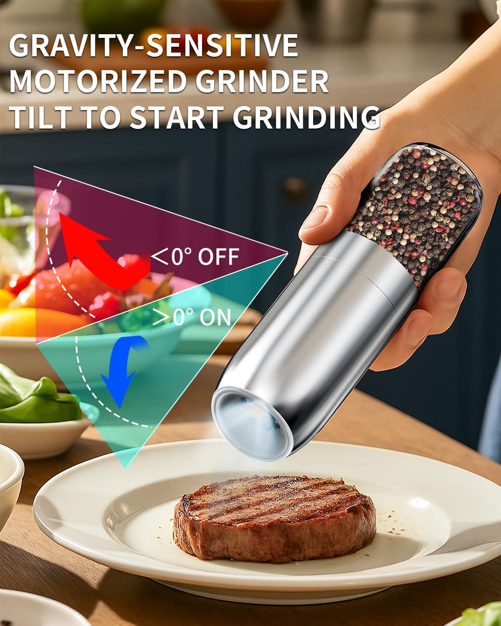 CIRCLE JOY Gravity - Juego de molinillo eléctrico de sal y pimienta con luz LED, funciona con pilas, grosor ajustable, gran capacidad, para el hogar, cocina, barbacoa