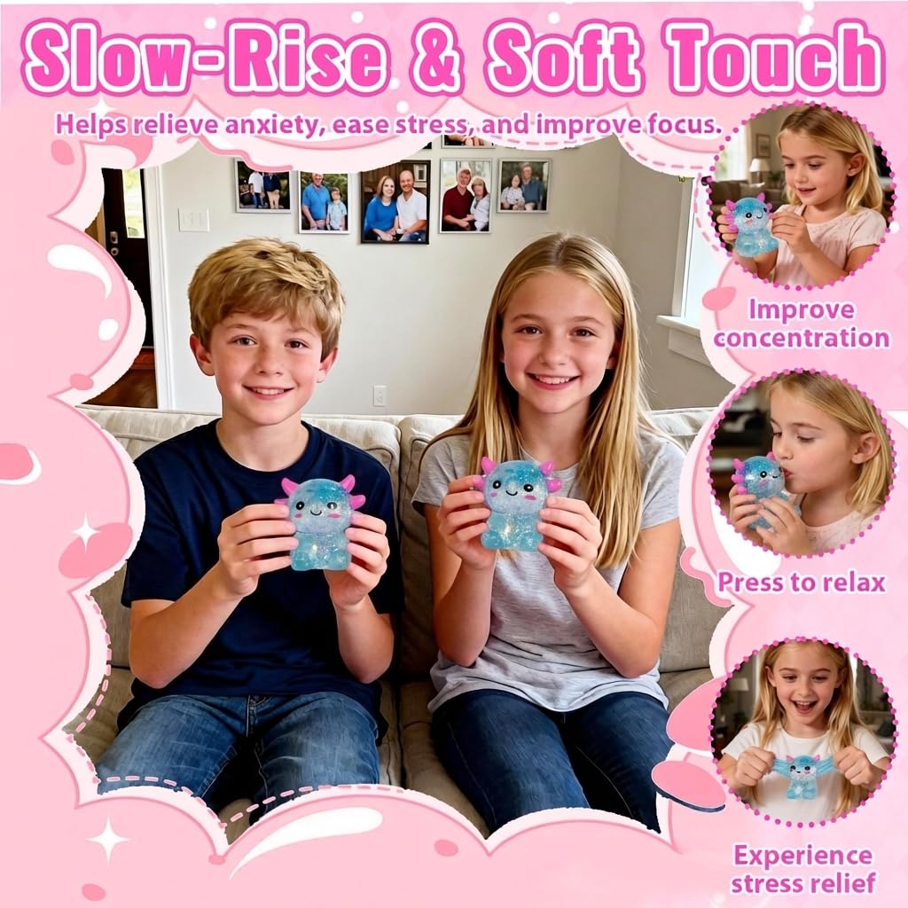 Axolotl - Juguete blando para aliviar el estrés – Lindo juguete para apretar con purpurina para niños y adultos, juguete sensorial para aliviar la ansiedad, recuerdo de fiesta de escritorio | Soft TPR, Floating Glitter, squeeze toy, busy hands, stress rel