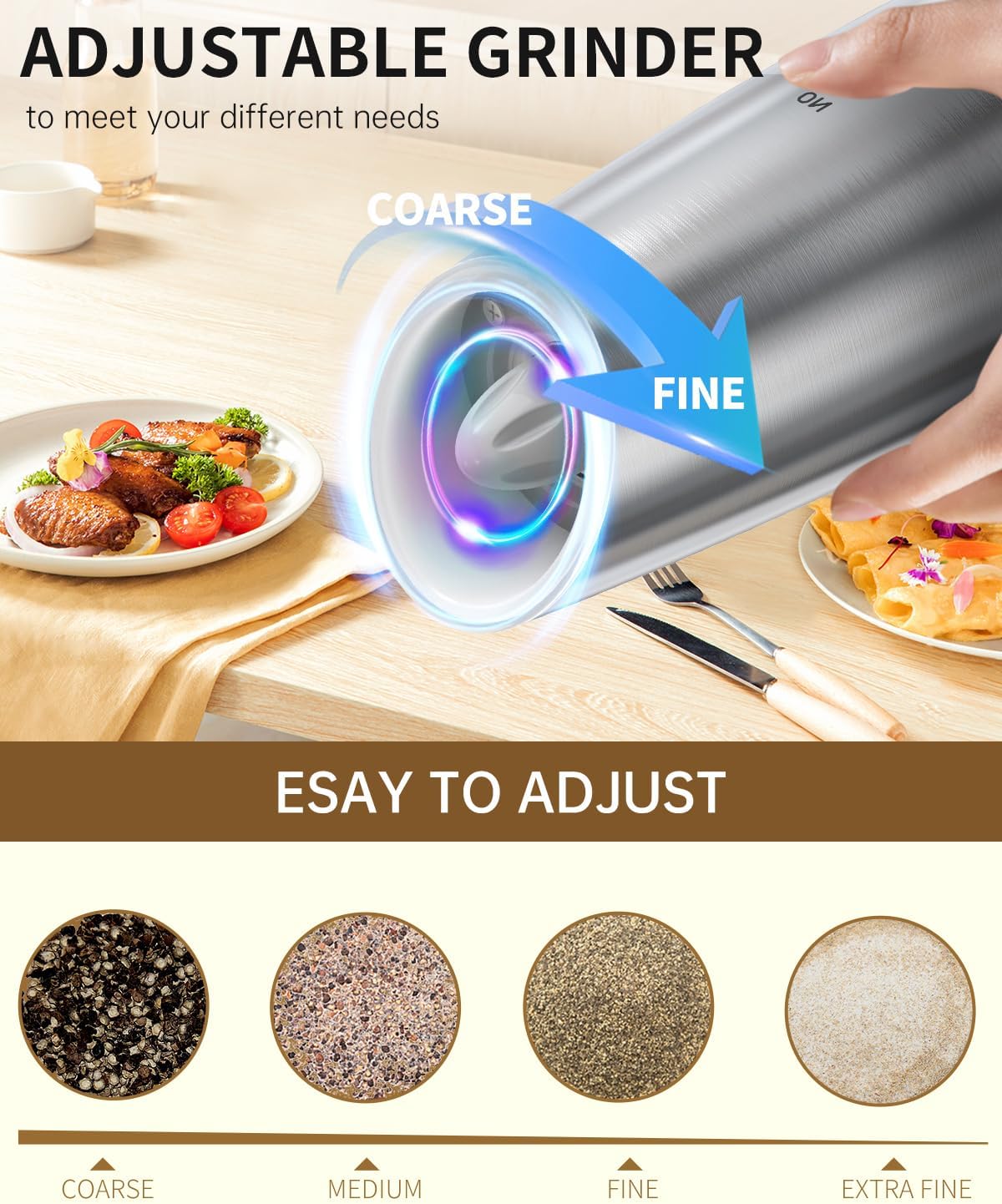 CIRCLE JOY Gravity - Juego de molinillo eléctrico de sal y pimienta con luz LED, funciona con pilas, grosor ajustable, gran capacidad, para el hogar, cocina, barbacoa