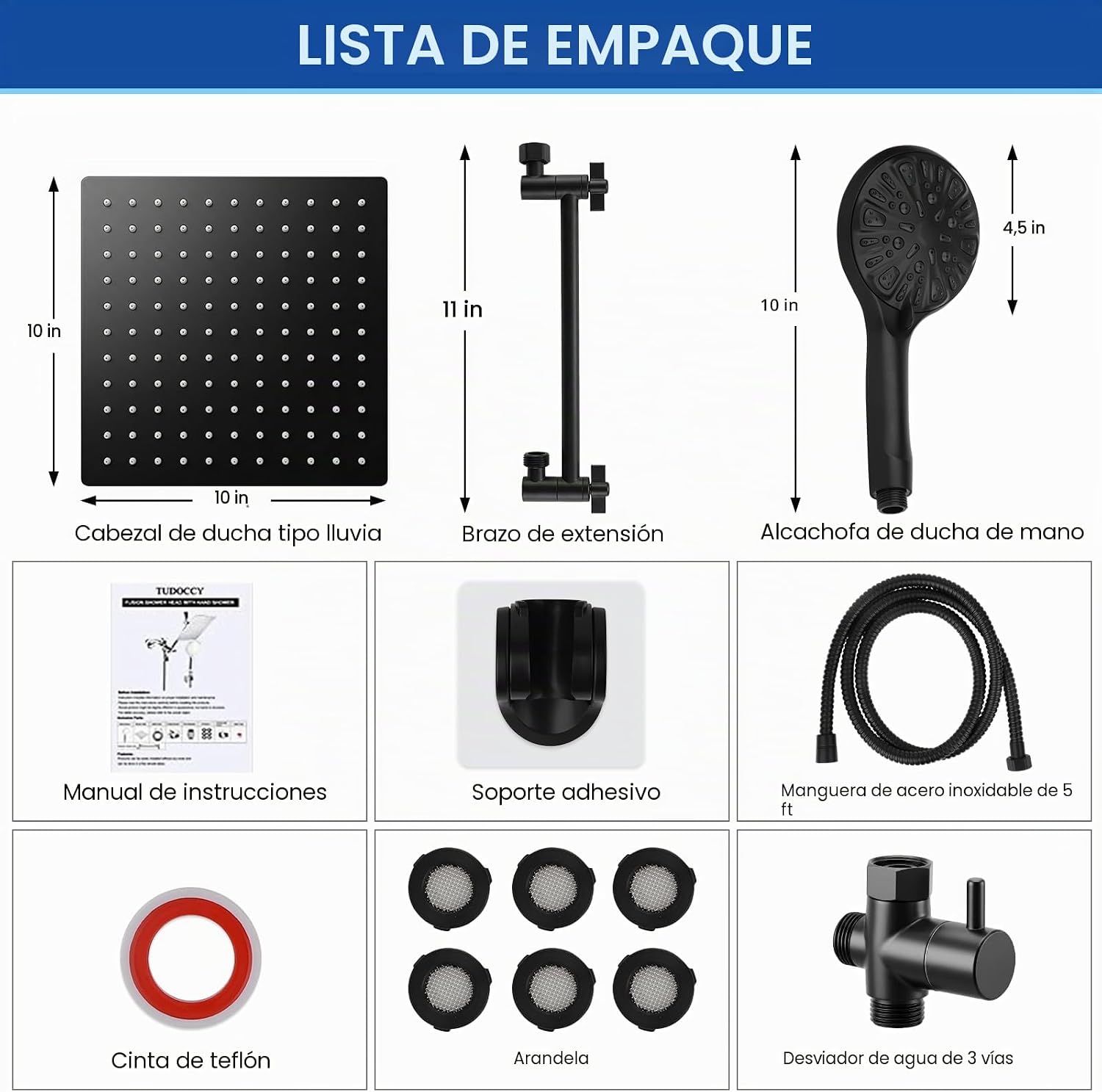 Cabezal de ducha de alta presión de 10 pulgadas, cabezal de ducha de mano con brazo de extensión de 11 pulgadas, cabezal antifugas de 9 ajustes con soporte, altura/ángulo ajustable, cromo, negro mate | 9 Settings, Anti-leak Shower Head with 11'' Extension