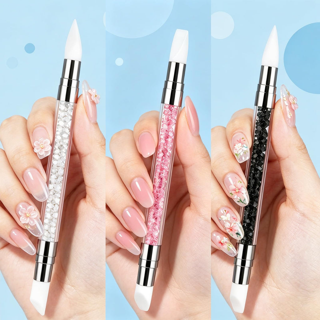 3 bolígrafos de escultura para arte de uñas, herramientas de uñas de silicona de doble punta, cabeza de silicona, pinceles de arte de uñas con mango acrílico, bolígrafo de tallado de esmalte de uñas | Silicone Head Acrylic Handle Nail Art Brushes, Rhinest