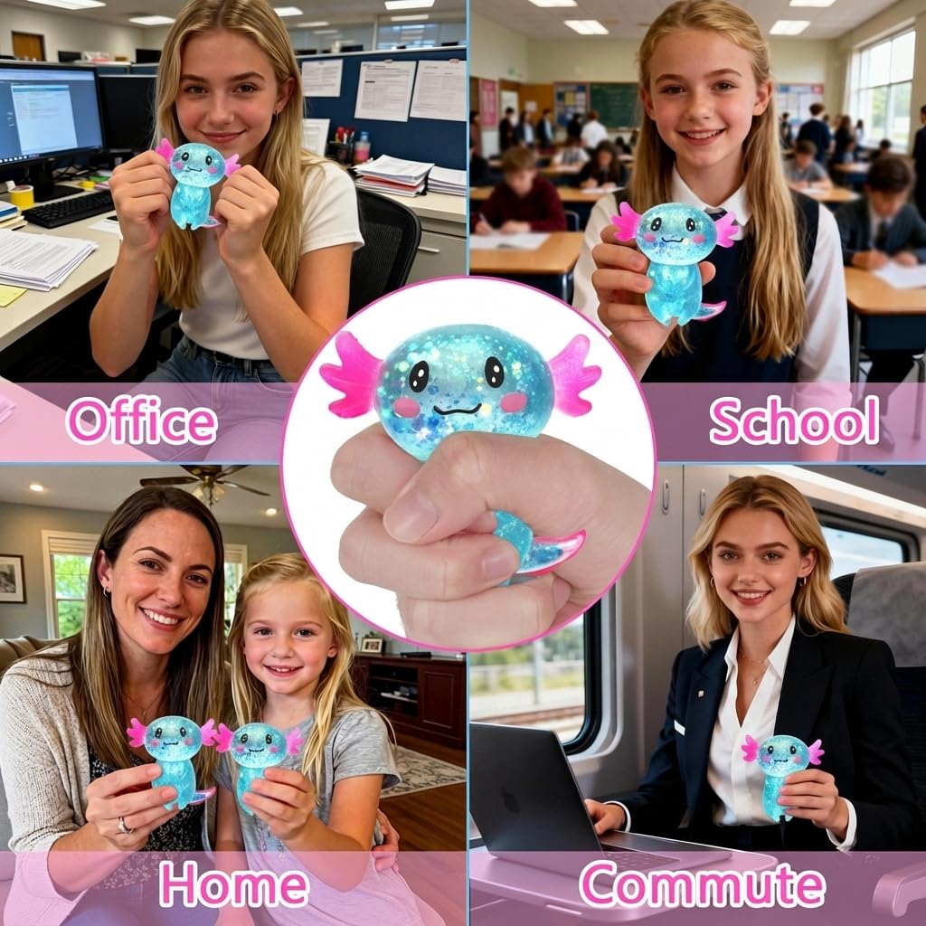 Axolotl - Juguete blando para aliviar el estrés – Lindo juguete para apretar con purpurina para niños y adultos, juguete sensorial para aliviar la ansiedad, recuerdo de fiesta de escritorio | Soft TPR, Floating Glitter, squeeze toy, busy hands, stress rel