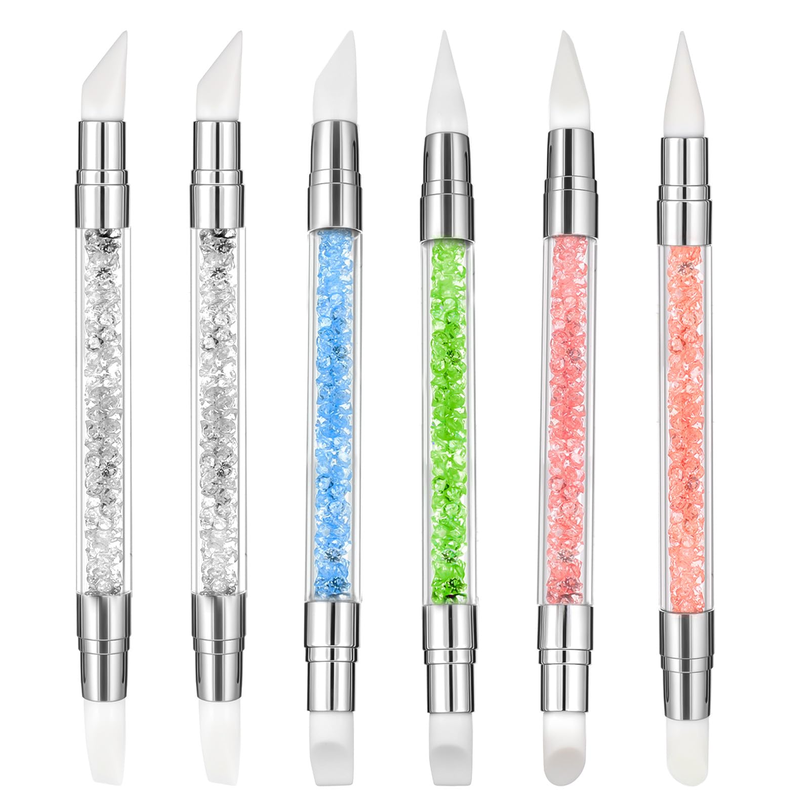 3 bolígrafos de escultura para arte de uñas, herramientas de uñas de silicona de doble punta, cabeza de silicona, pinceles de arte de uñas con mango acrílico, bolígrafo de tallado de esmalte de uñas | Silicone Head Acrylic Handle Nail Art Brushes, Rhinest