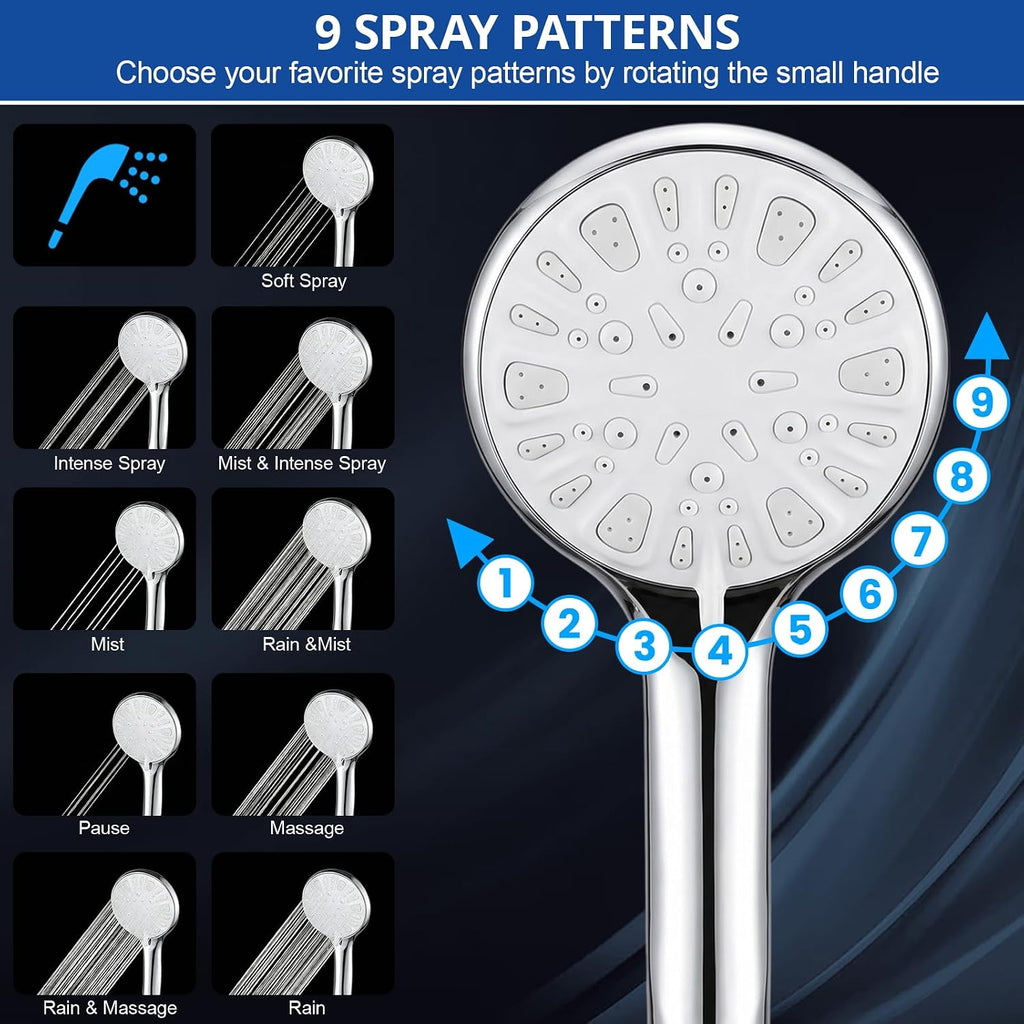 Cabezal de ducha de alta presión de 10 pulgadas, cabezal de ducha de mano con brazo de extensión de 11 pulgadas, cabezal antifugas de 9 ajustes con soporte, altura/ángulo ajustable, cromo, negro mate | 9 Settings, Anti-leak Shower Head with 11'' Extension