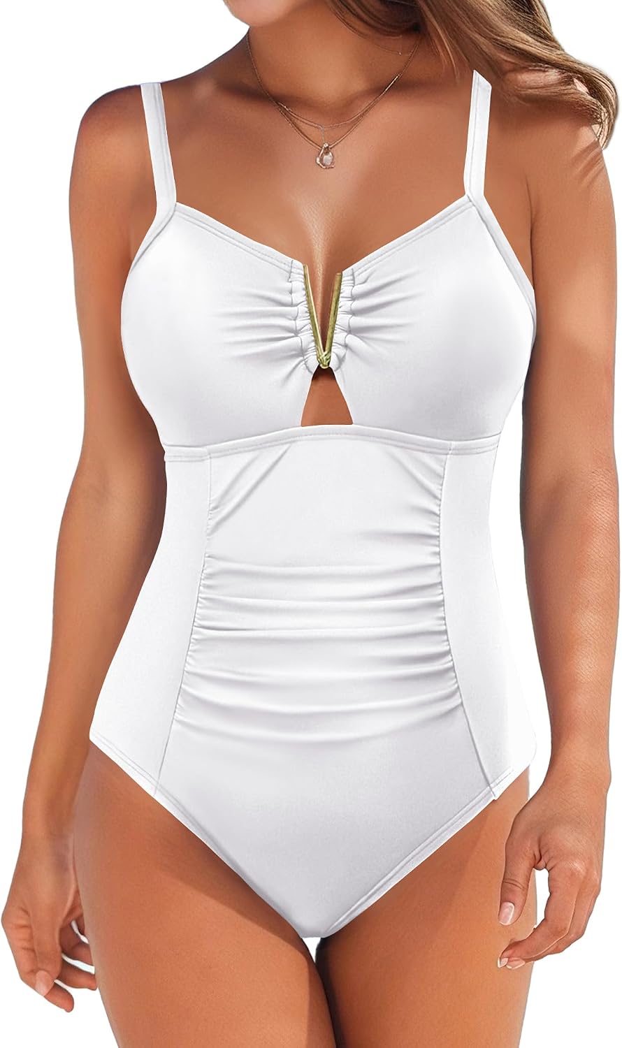 AI'MAGE Traje de baño de una pieza con control de abdomen para mujer, con cuello en V