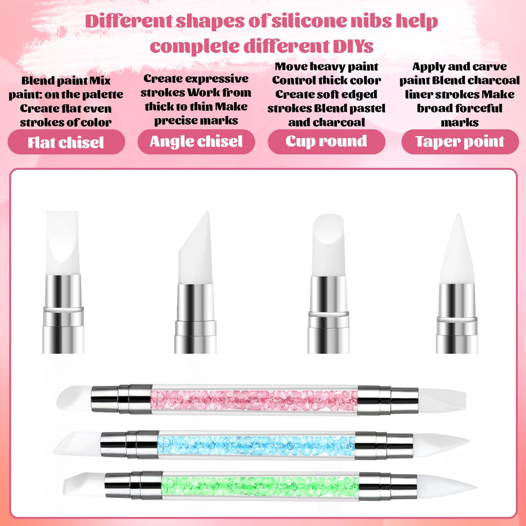 3 bolígrafos de escultura para arte de uñas, herramientas de uñas de silicona de doble punta, cabeza de silicona, pinceles de arte de uñas con mango acrílico, bolígrafo de tallado de esmalte de uñas | Silicone Head Acrylic Handle Nail Art Brushes, Rhinest