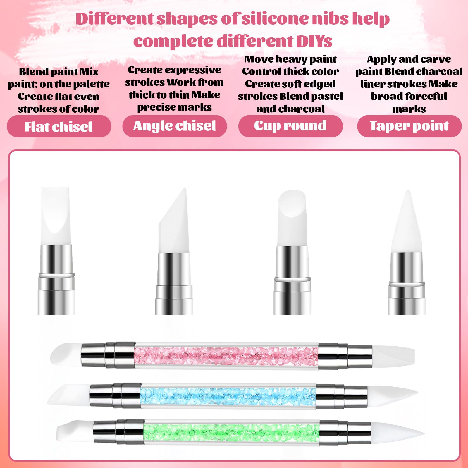 3 bolígrafos de escultura para arte de uñas, herramientas de uñas de silicona de doble punta, cabeza de silicona, pinceles de arte de uñas con mango acrílico, bolígrafo de tallado de esmalte de uñas | Silicone Head Acrylic Handle Nail Art Brushes, Rhinest