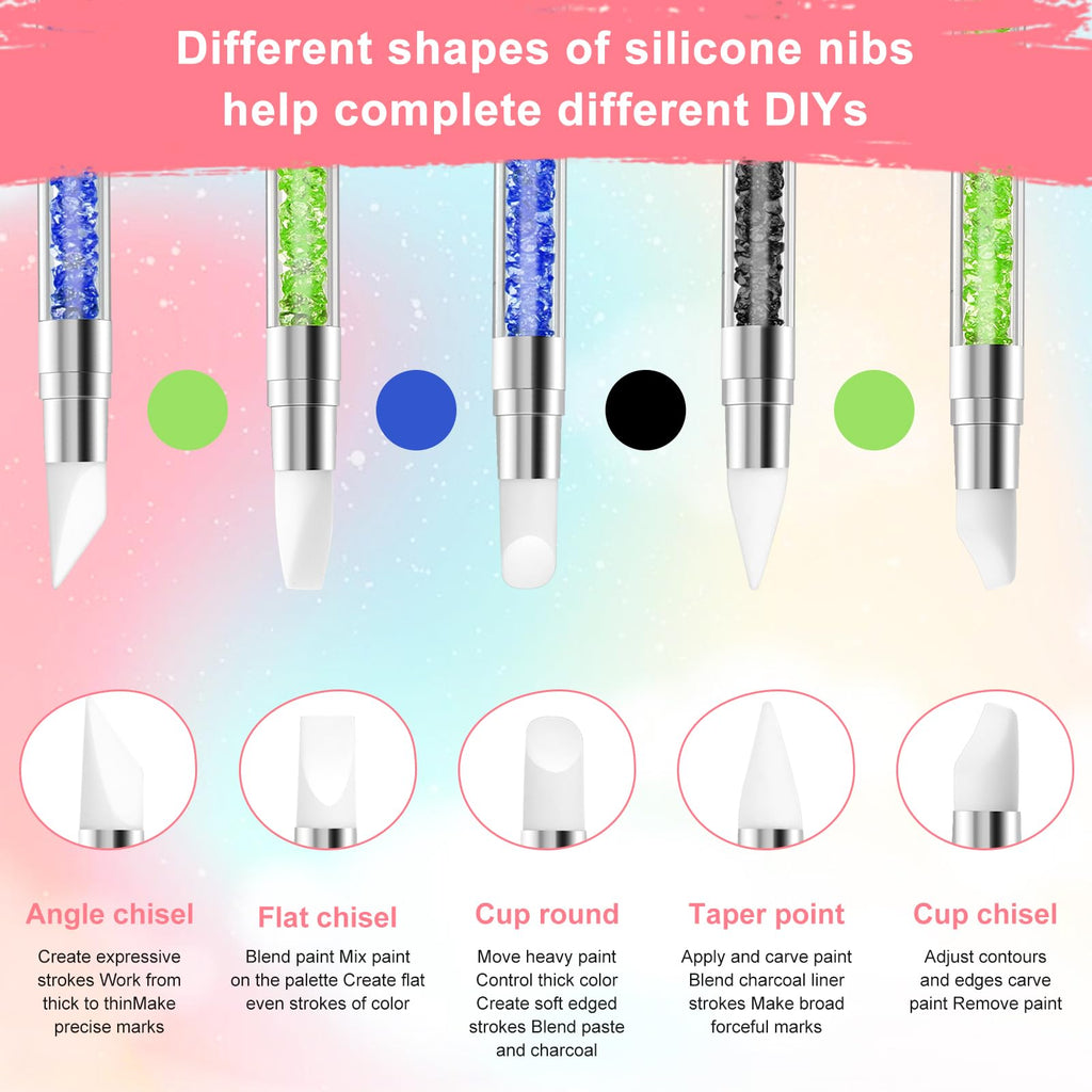 3 bolígrafos de escultura para arte de uñas, herramientas de uñas de silicona de doble punta, cabeza de silicona, pinceles de arte de uñas con mango acrílico, bolígrafo de tallado de esmalte de uñas | Silicone Head Acrylic Handle Nail Art Brushes, Rhinest