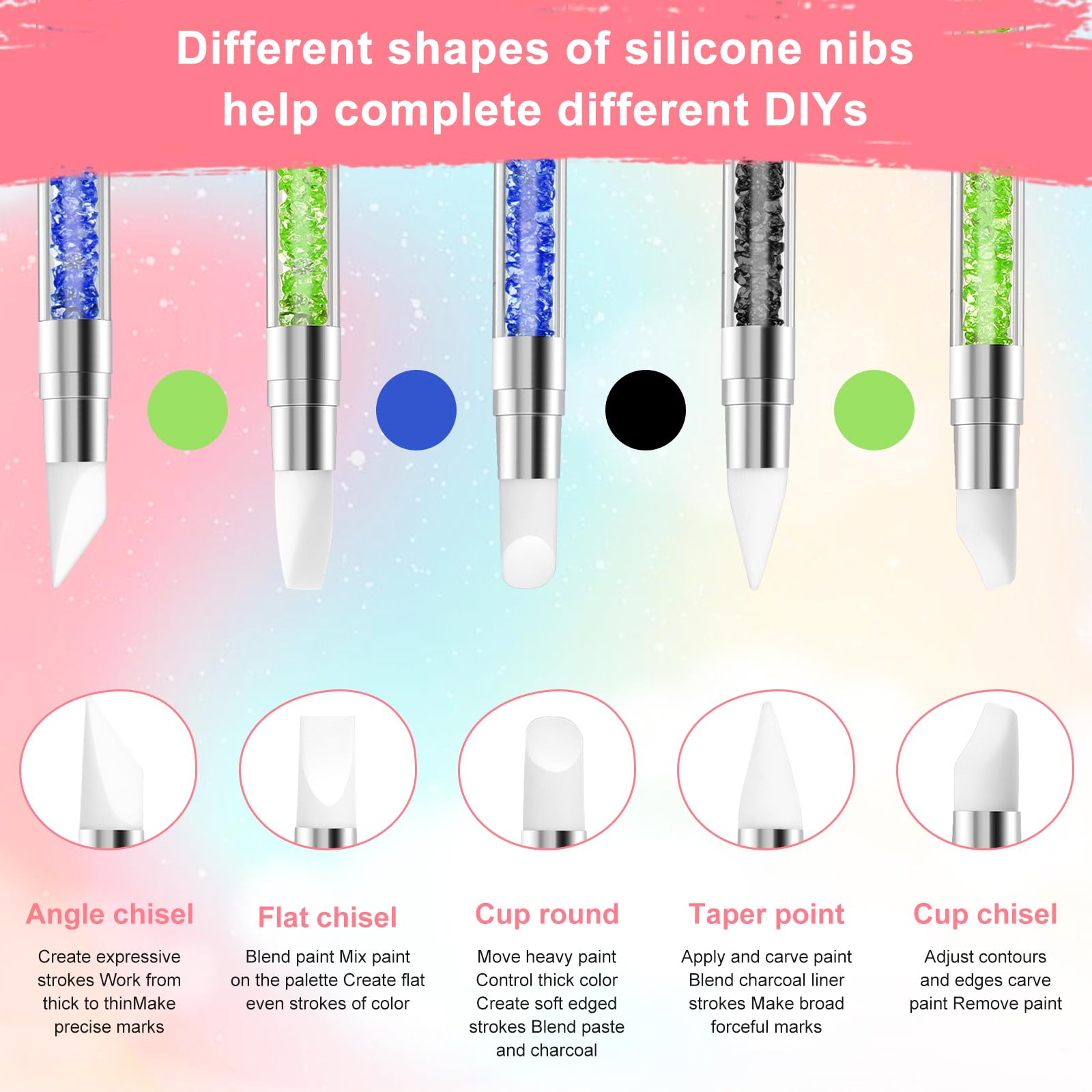3 bolígrafos de escultura para arte de uñas, herramientas de uñas de silicona de doble punta, cabeza de silicona, pinceles de arte de uñas con mango acrílico, bolígrafo de tallado de esmalte de uñas | Silicone Head Acrylic Handle Nail Art Brushes, Rhinest