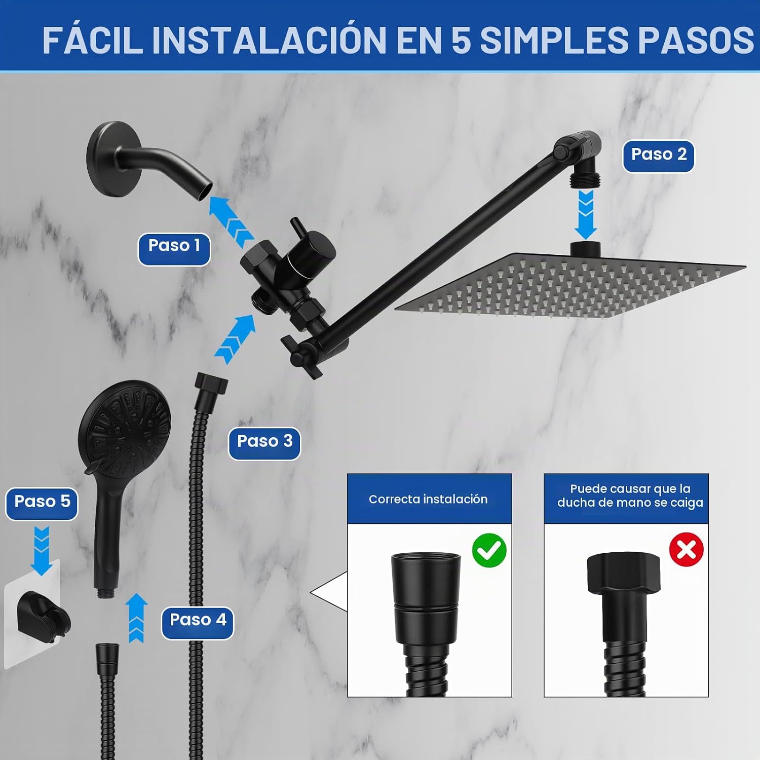 Cabezal de ducha de alta presión de 10 pulgadas, cabezal de ducha de mano con brazo de extensión de 11 pulgadas, cabezal antifugas de 9 ajustes con soporte, altura/ángulo ajustable, cromo, negro mate | 9 Settings, Anti-leak Shower Head with 11'' Extension