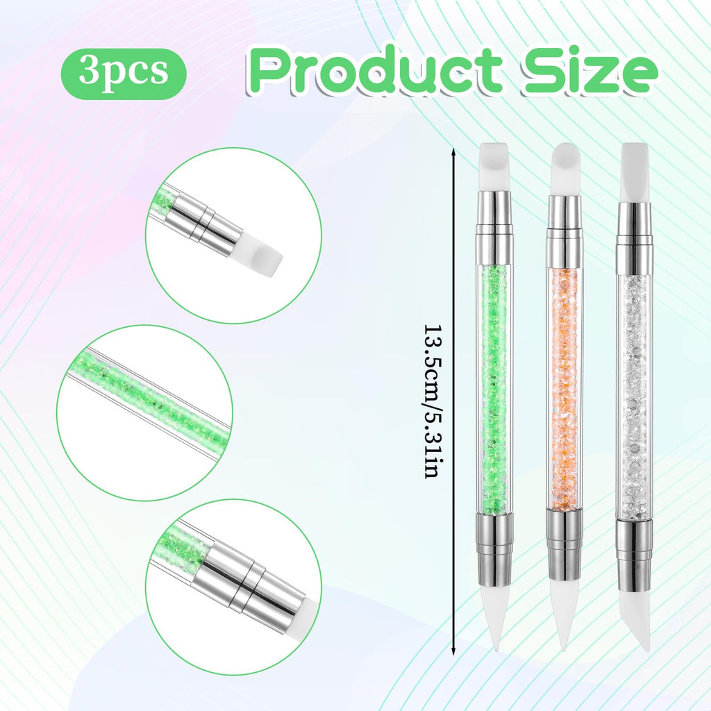 3 bolígrafos de escultura para arte de uñas, herramientas de uñas de silicona de doble punta, cabeza de silicona, pinceles de arte de uñas con mango acrílico, bolígrafo de tallado de esmalte de uñas | Silicone Head Acrylic Handle Nail Art Brushes, Rhinest