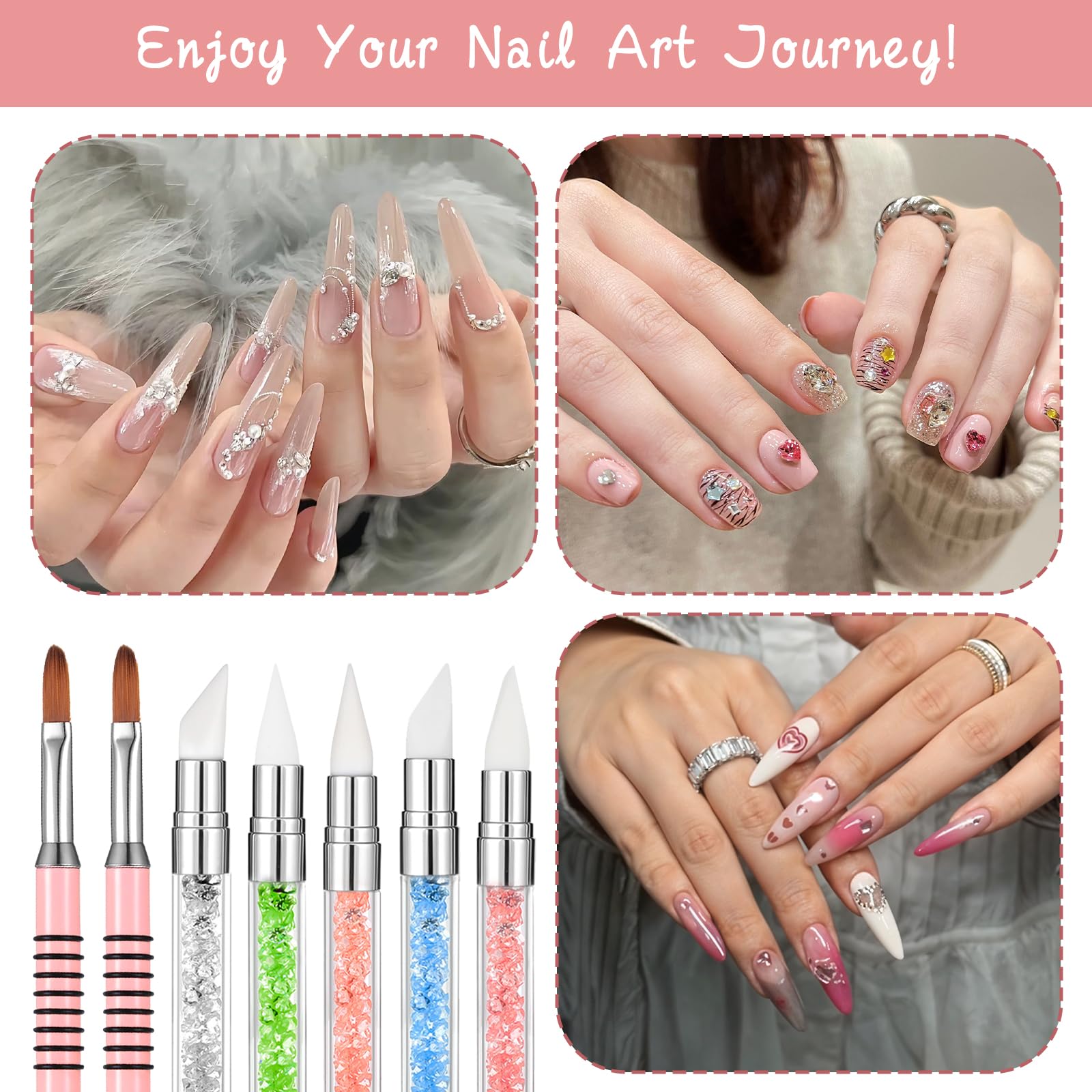 3 bolígrafos de escultura para arte de uñas, herramientas de uñas de silicona de doble punta, cabeza de silicona, pinceles de arte de uñas con mango acrílico, bolígrafo de tallado de esmalte de uñas | Silicone Head Acrylic Handle Nail Art Brushes, Rhinest